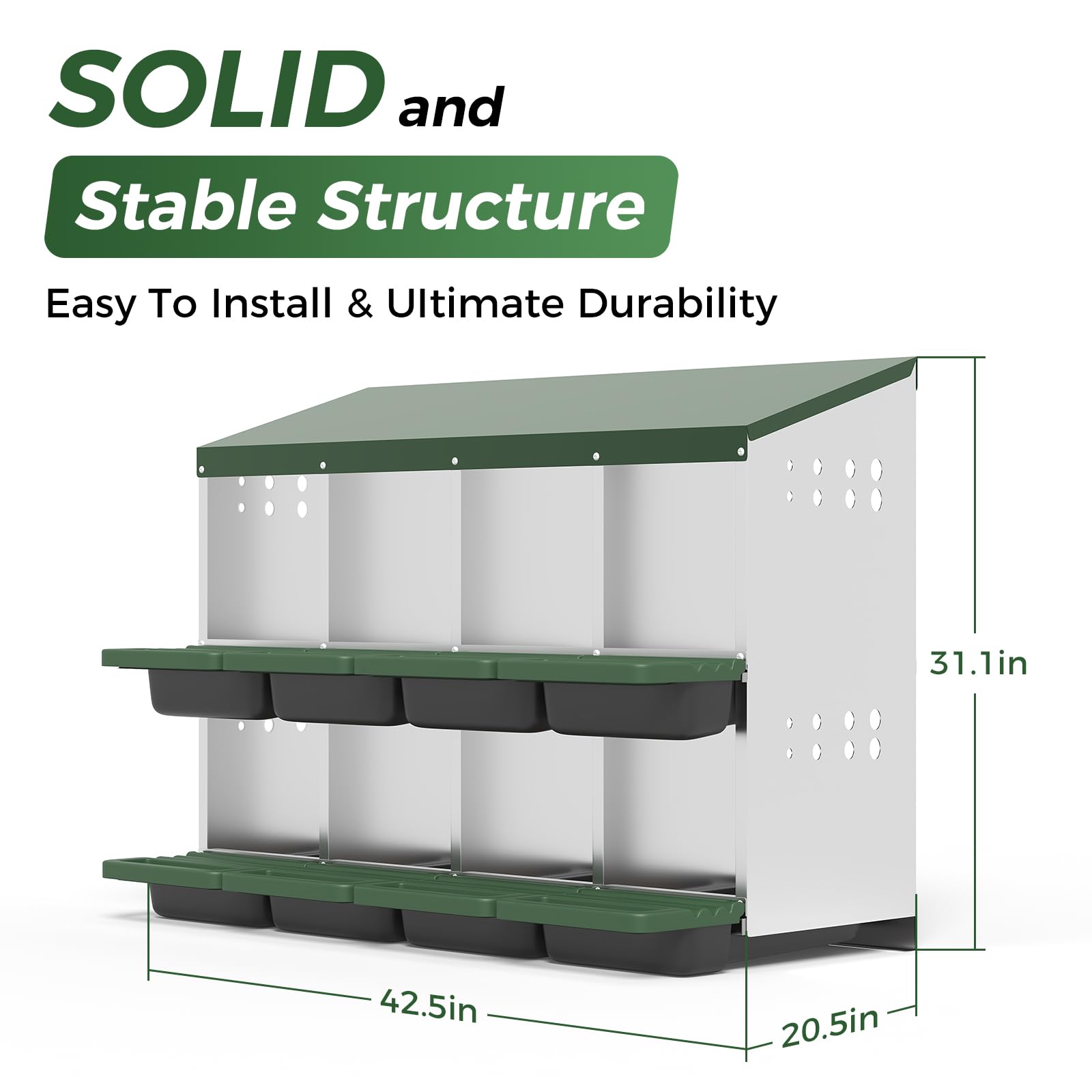 Garvee 8-Hole Chicken Nesting Box with Roll Away Design, Ventilation Holes, Galvanized Steel, Removable Lid, Easy Egg Collection, Green, for Chicken and Duck Coops
