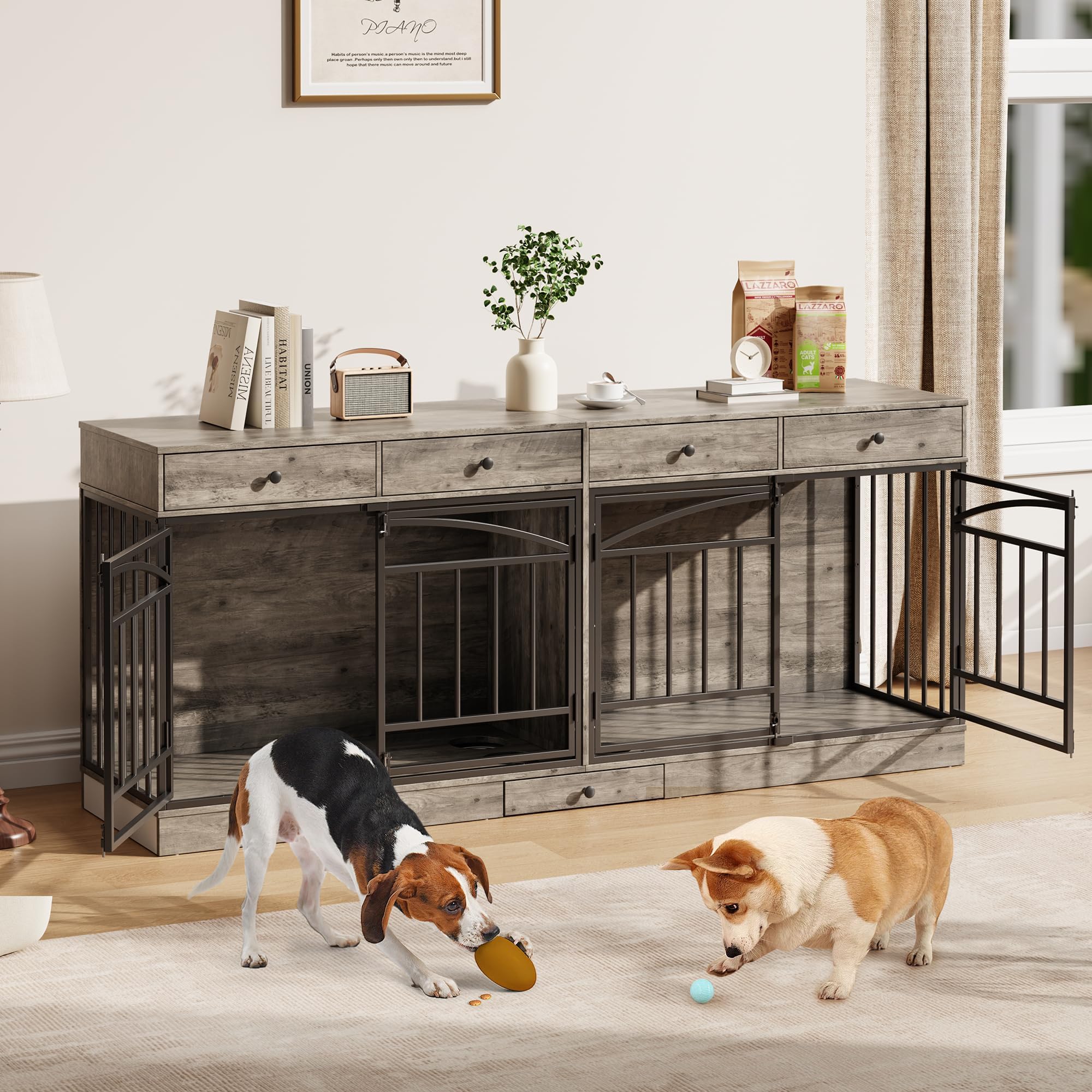 Garvee 78.7" Double Dog Crate Furniture with Storage and 4 Doors, Dog Kennel Indoor with Feeding Bowls, Wood Dog Crate TV Stand for Small Medium Dogs, Gray