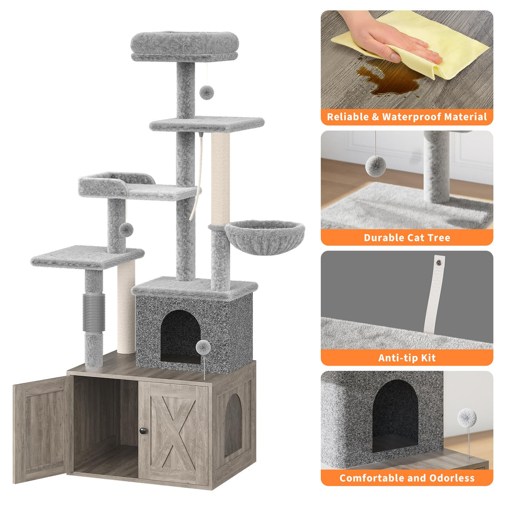 Garvee Litter Box Enclosure with Cat Tree, 2-In-1 Modern Cat Tower, Hidden Washroom Furniture, Wood Cat Condo with Scratching Post and Hammock, Indoor Pet Furniture with Multiple Platform, Gray