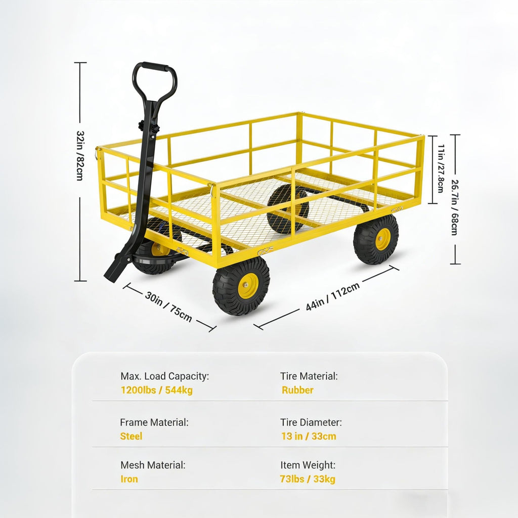 Garvee Garden Cart, 1200 lbs Heavy Duty Q235 Steel Utility Wagon with Removable Sides, 13" Tires and 180° Handle for Yard & Farm, Yellow