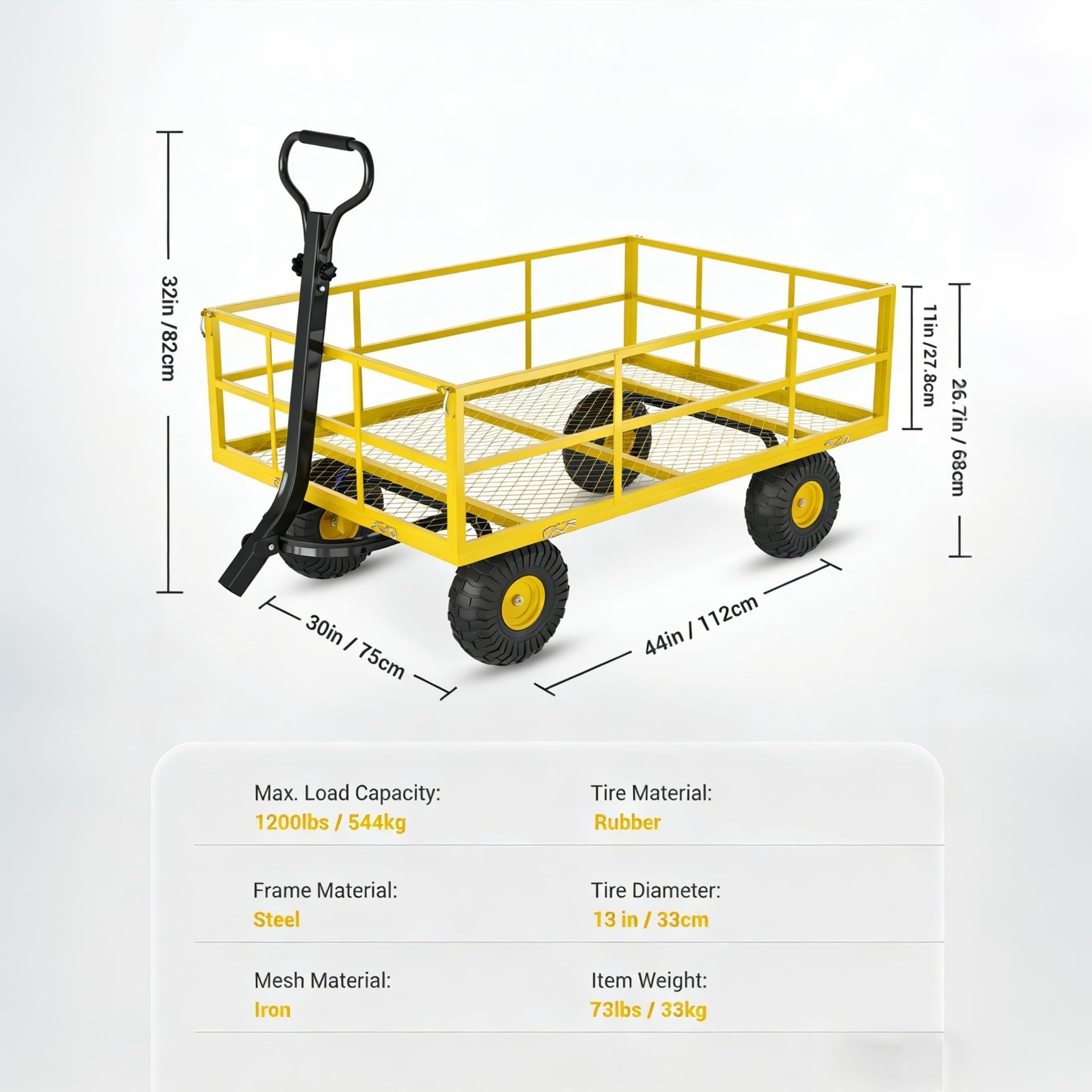 Garvee Garden Cart, 1200 lbs Heavy Duty Q235 Steel Utility Wagon with Removable Sides, 13" Tires and 180° Handle for Yard & Farm, Yellow