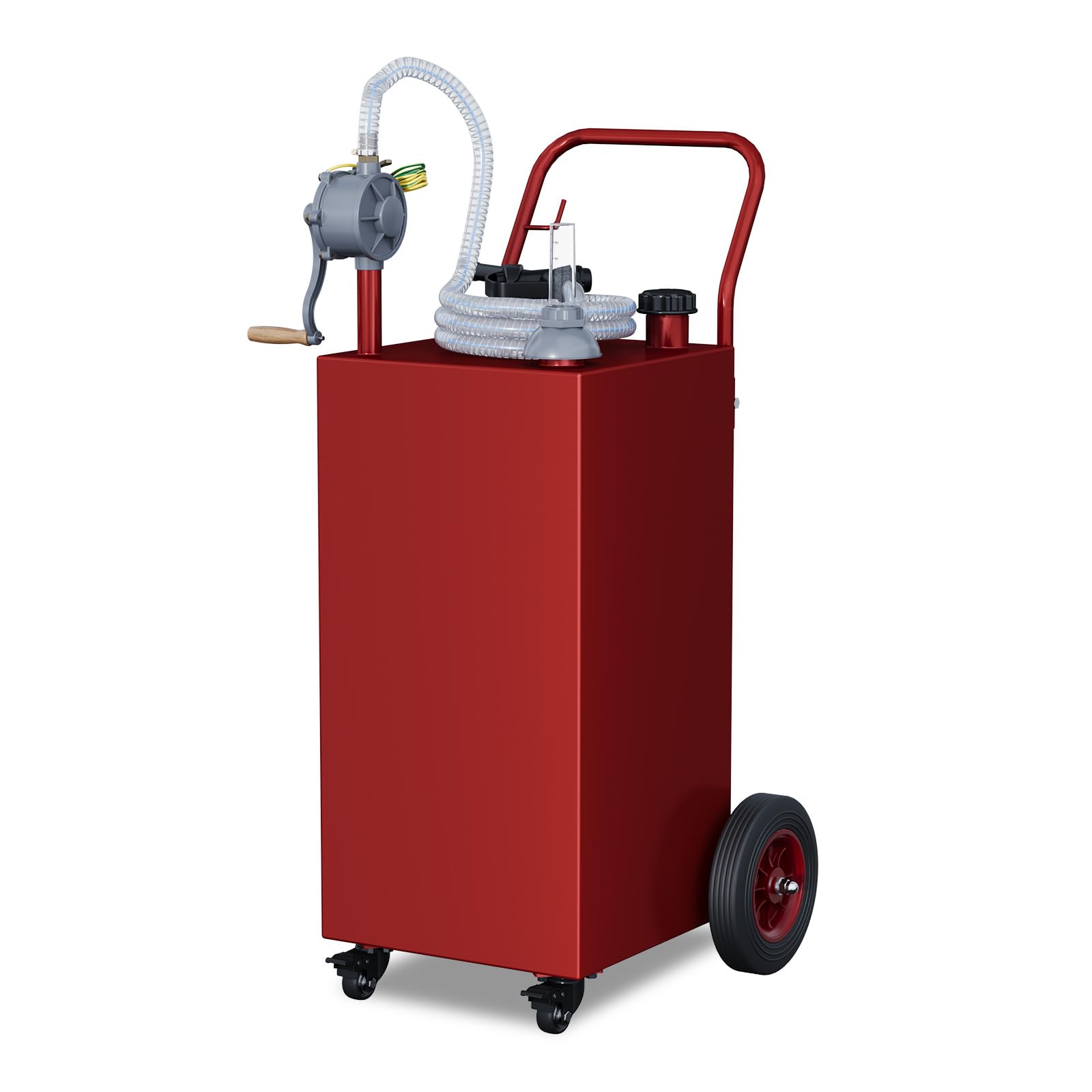 Garvee 30-Gallon Portable Fuel Tank Gasoline Diesel Storage with Manual Rotary Pump, Anti-Static Clamp, Carbon Steel, All-Terrain Wheels, Red, for Vehicles and Boats, Red