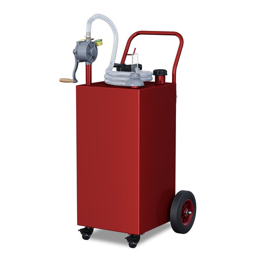 Garvee 30-Gallon Portable Fuel Tank Gasoline Diesel Storage with Manual Rotary Pump, Anti-Static Clamp, Carbon Steel, All-Terrain Wheels, Red, for Vehicles and Boats, Red