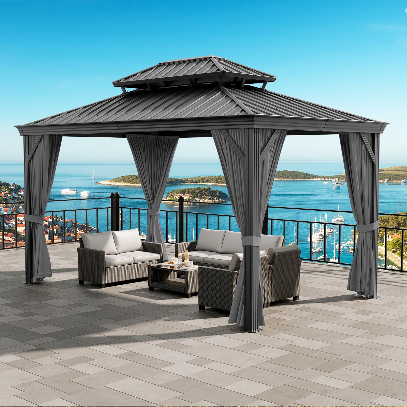 Garvee 12' x 16' Hardtop Gazebo, Double Metal Roof, Aluminum Frame Outdoor Pavilion with Curtains & Mosquito Netting for Patio, Backyard & Garden, Black/Gray