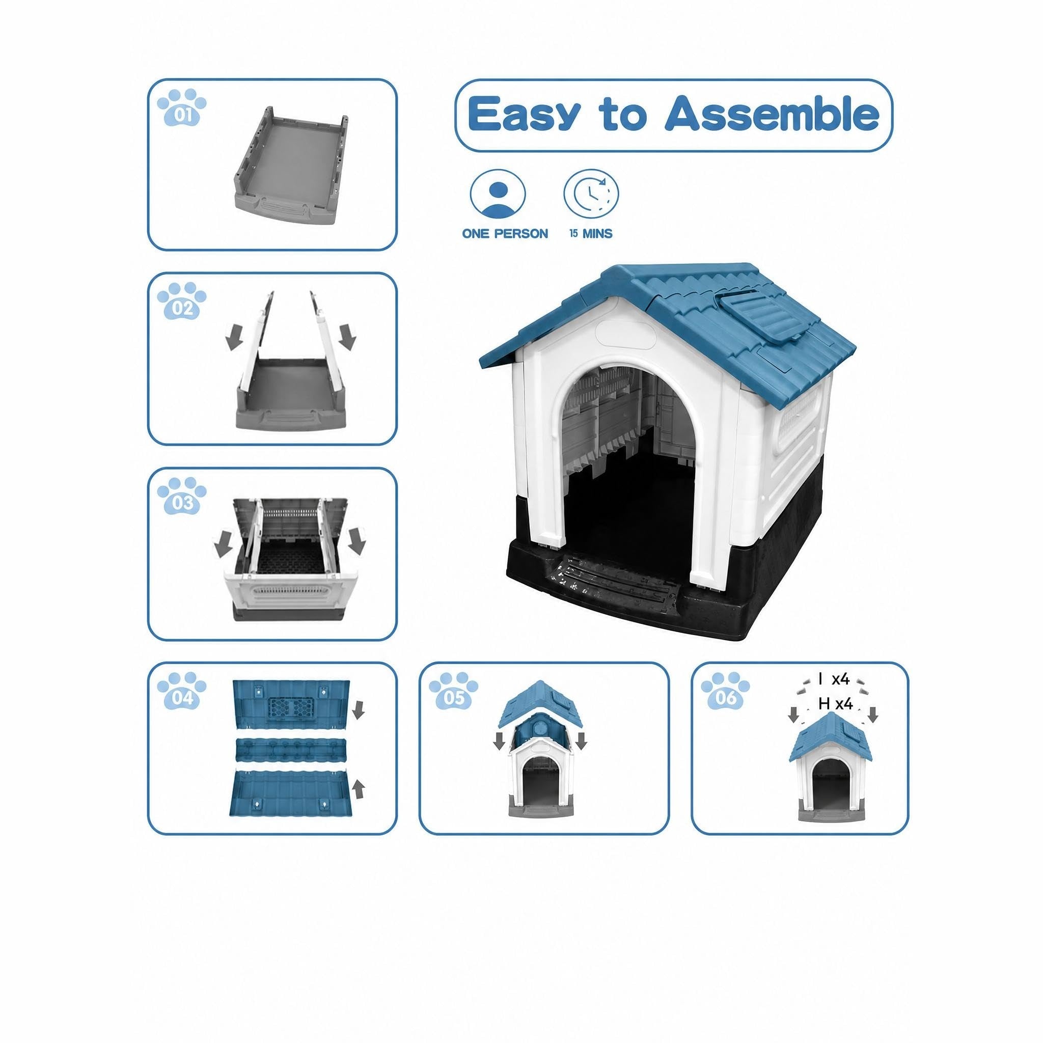 Garvee Small Dog House Outdoor with Air Vents and Elevated Floor for Puppy, Plastic Waterproof Doghouse Sloping Roof, Easy Clean and Assemble, Blue(25.2"D×19.3"W×26"H)