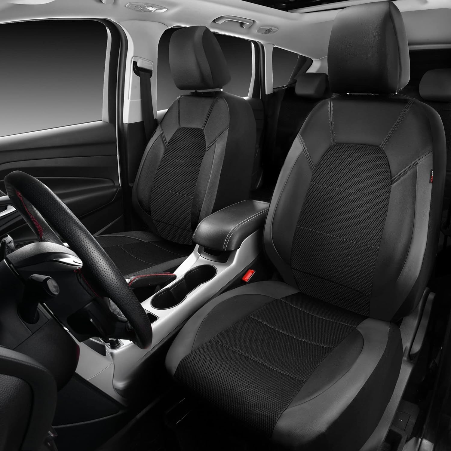 Garvee Global 9-Piece PU Leather Car Seat Cover Set – Full Coverage, Waterproof, Breathable, Non-Slip, Safety Cushion Compatible, Easy Installation – Fits Auto, Ford, Audi, Toyota, French Car, Mini, Includes Headrest Covers – Gray