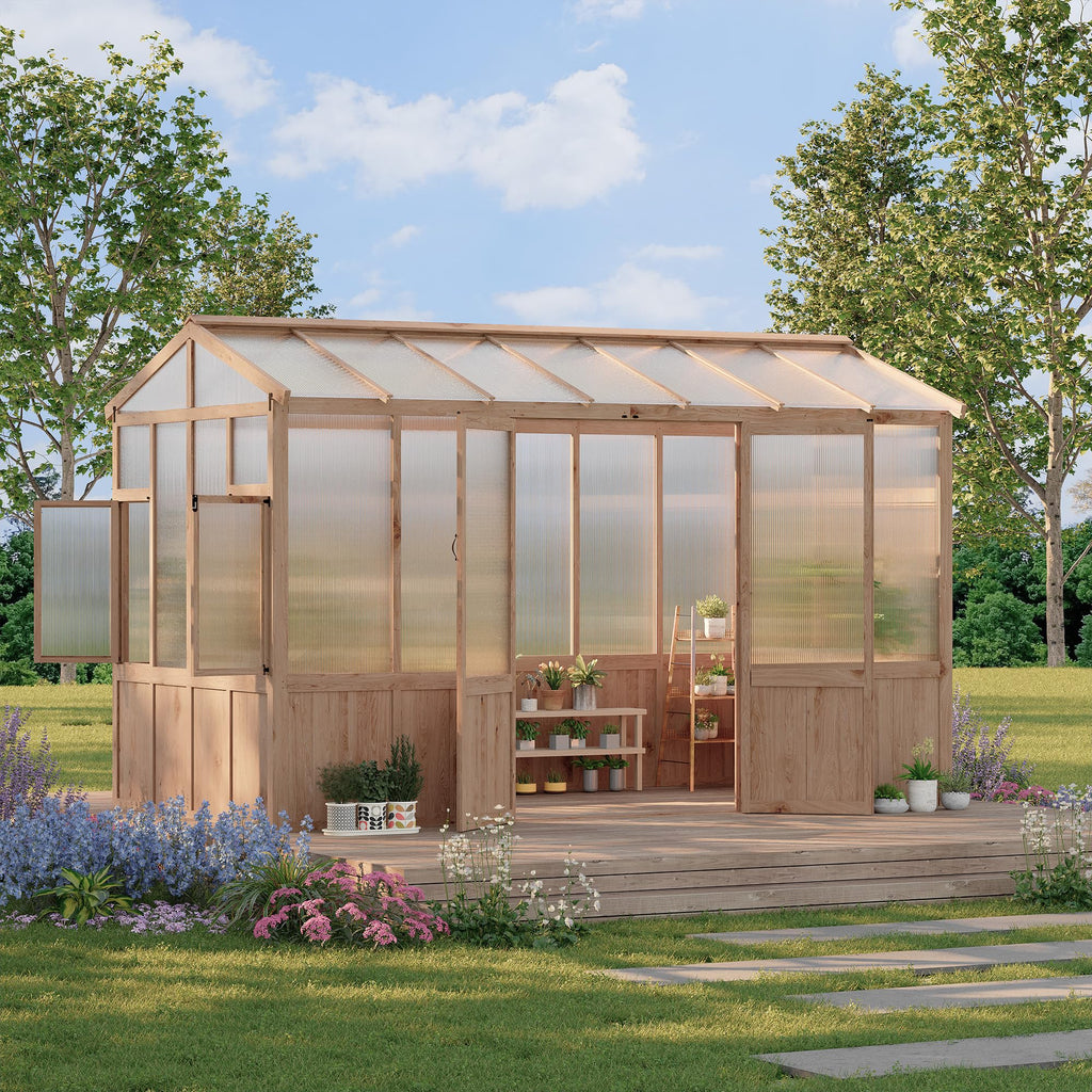 Garvee 8x12 ft Wooden Greenhouse for Outdoor - Heavy Duty Walk-in Green House Kit with 6 mm Polycarbonate,Ventilated Window & Lockable Door for Backyard,Patio,Lawn
