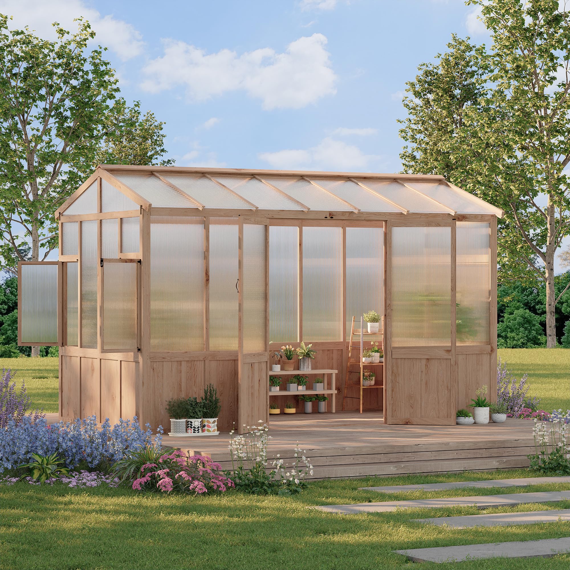 Garvee 8x12 ft Wooden Greenhouse for Outdoor - Heavy Duty Walk-in Green House Kit with 6 mm Polycarbonate,Ventilated Window & Lockable Door for Backyard,Patio,Lawn