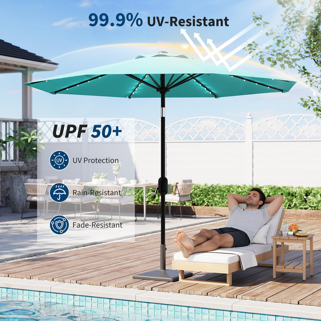 Garvee 9FT Solar LED Patio Umbrella with 32 Lights, Tilt & Crank Outdoor Market Umbrella, UV & Water Resistant, 8 Ribs Sunshade for Garden, Deck, Pool & Table, Light Blue