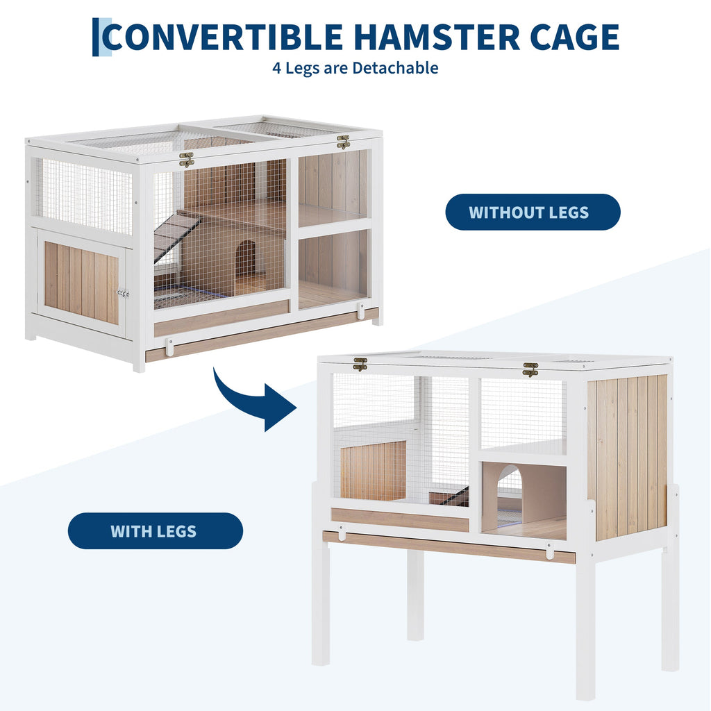 Garvee 38" Wooden Guinea Pig Cage with Stand, 2-Story Small Animal Habitat with Clear View Panels, Pull-Out Tray & Lockable Door, Rabbit Hutch, White