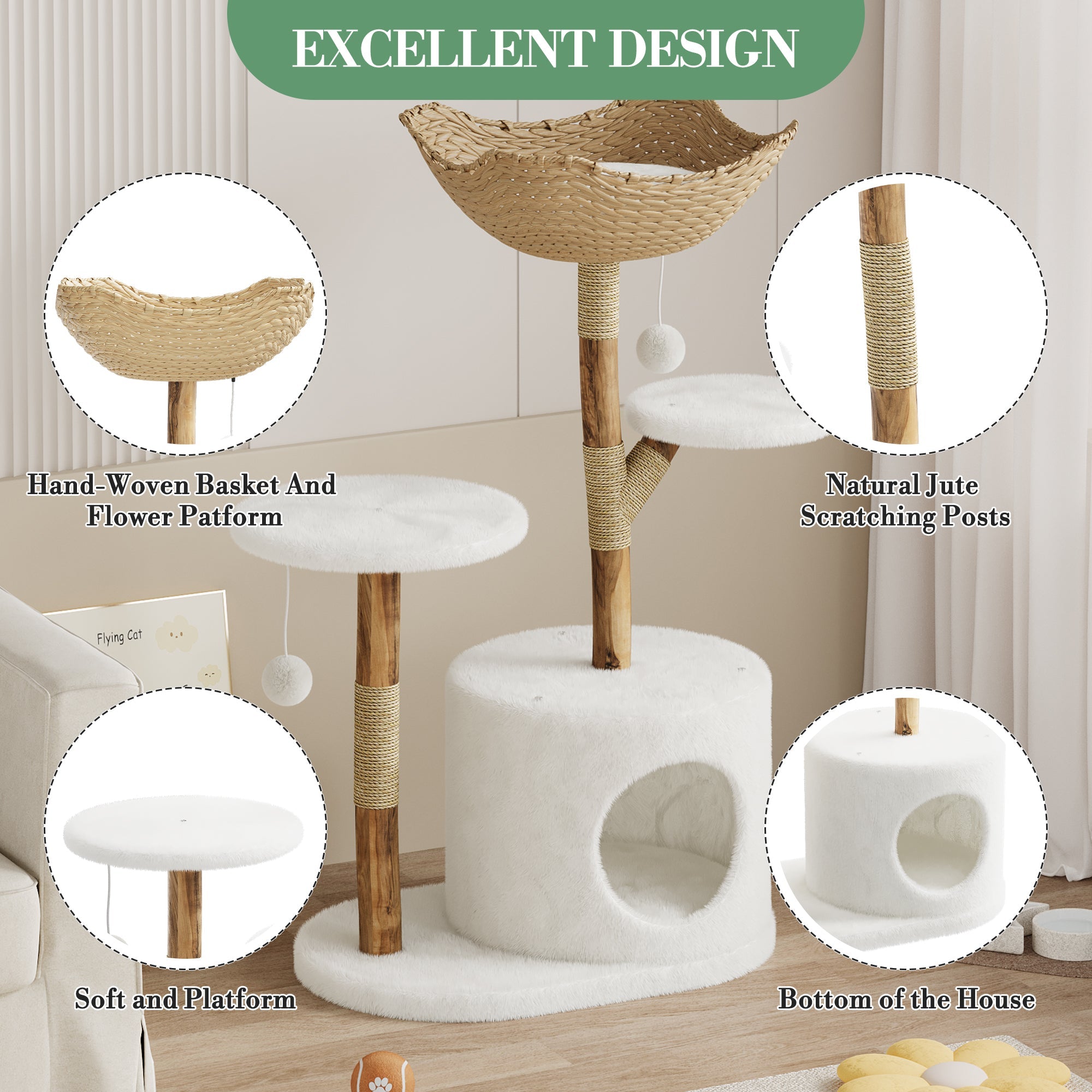 Garvee 46" Modern Cat Tree for Large Cats, Real Solid Wood Branch Luxury Cat Condo with Scratching Post and Cat Bed, Boho Aesthetic Luxury Pet Furniture