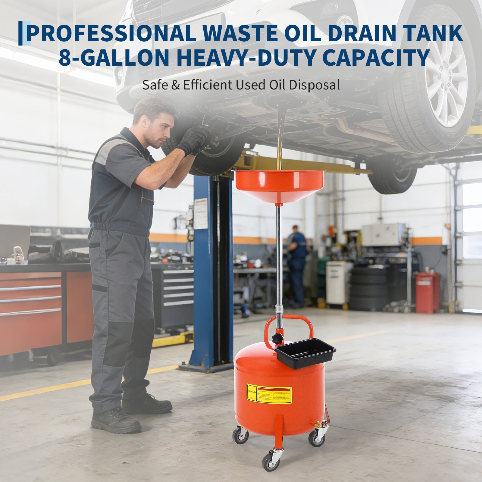Garvee 8 Gallon Portable Air-Operated Waste Oil Drainer - Heavy-Duty Steel with 15" Adjustable Funnel, Built-In Toolbox, and Casters for Garages, Orange