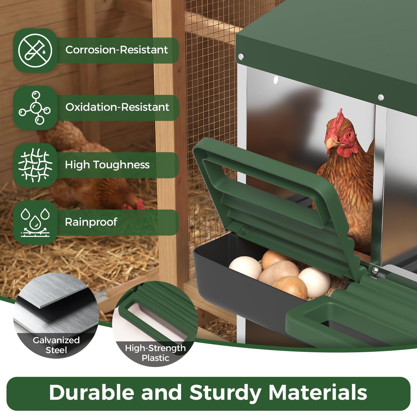 Garvee 6-Hole Chicken Nesting Box Metal Coop with Roll Away Design & Ventilation Holes Galvanized Steel Removable Lid Green for Backyard & Small Farms