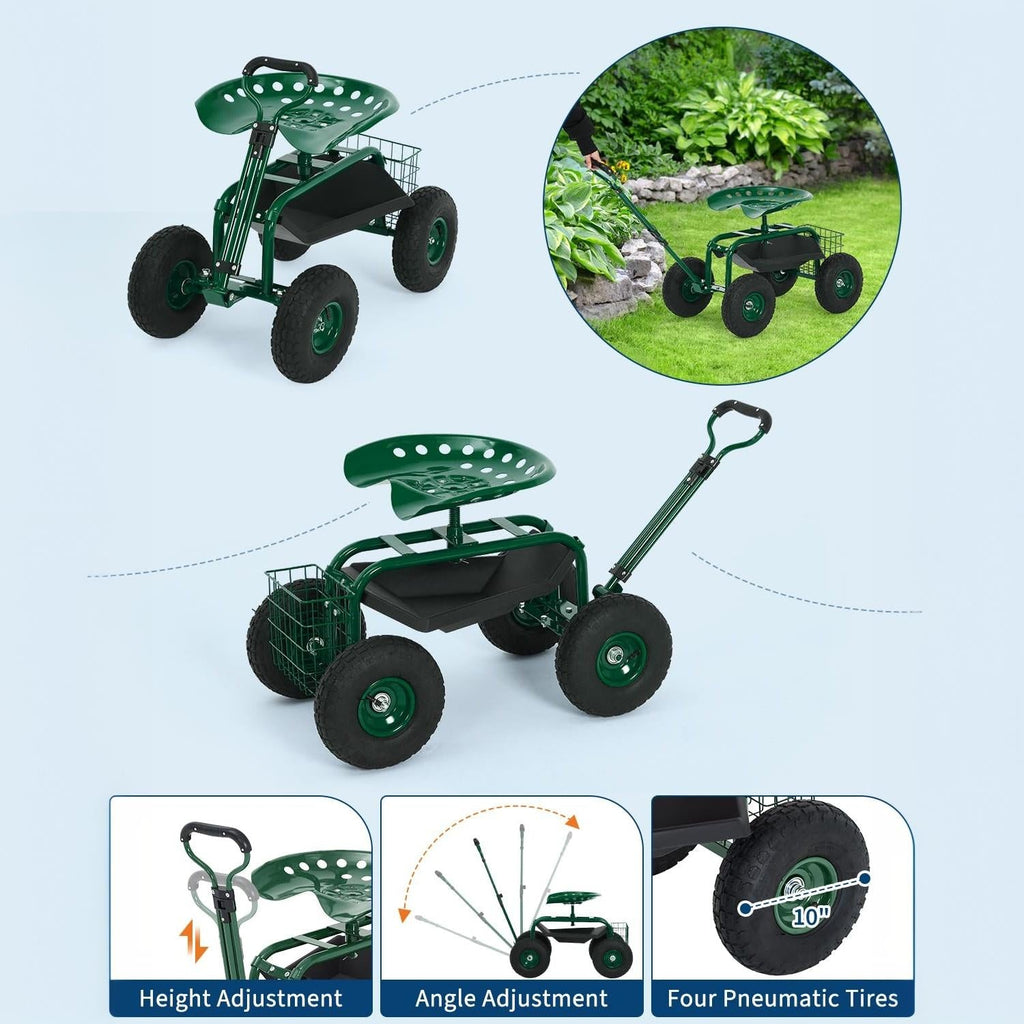 Garvee Green Rolling Garden Work Seat with Wheels, 360° Swivel Gardening Cart with Extendable Steering Handle, Tool Tray, Storage Basket & 10" Inflatable Tires, 400 lb Capacity Garden Scooter for Yard, Patio & Outdoor Use