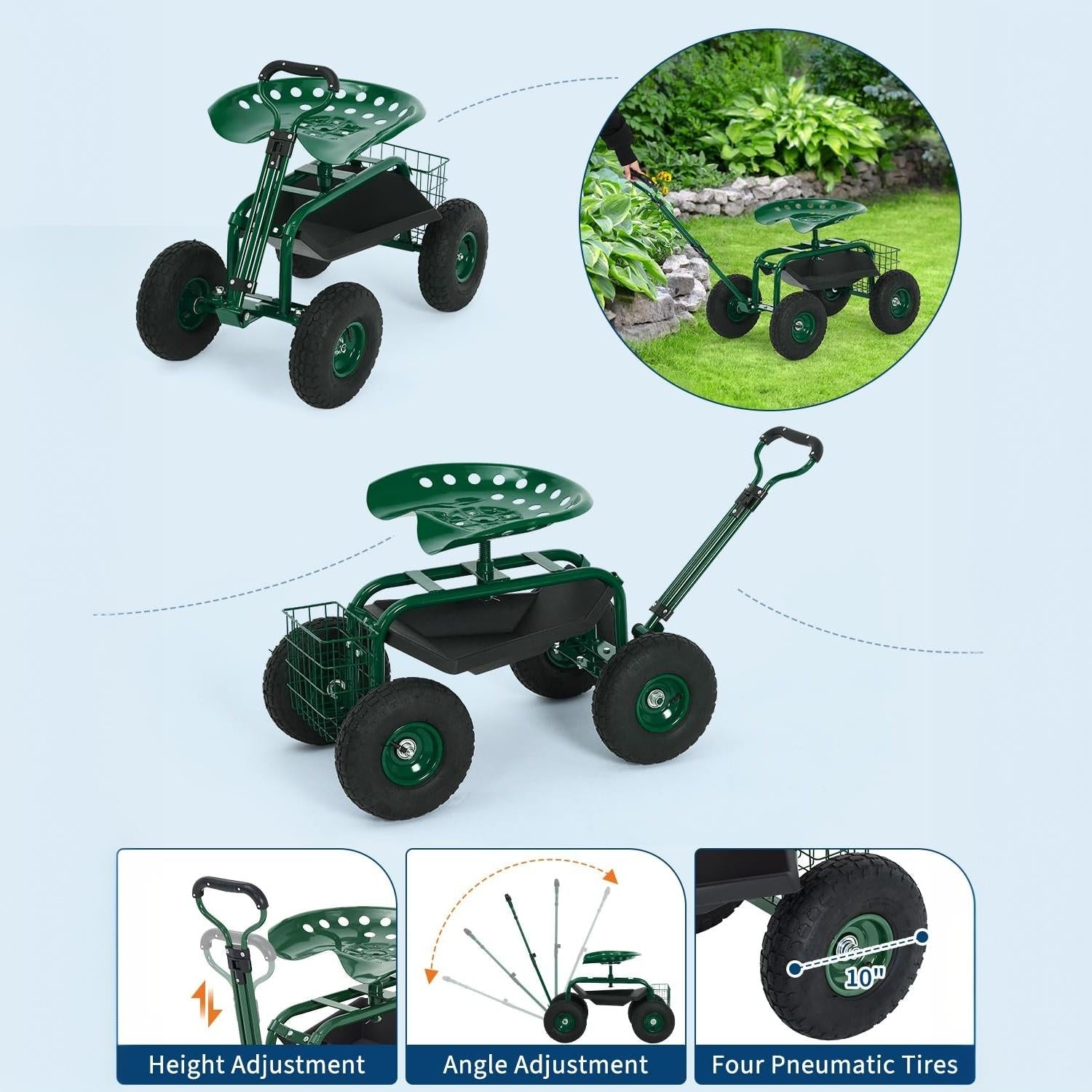 Garvee Green Rolling Garden Work Seat with Wheels, 360° Swivel Gardening Cart with Extendable Steering Handle, Tool Tray, Storage Basket & 10" Inflatable Tires, 400 lb Capacity Garden Scooter for Yard, Patio & Outdoor Use