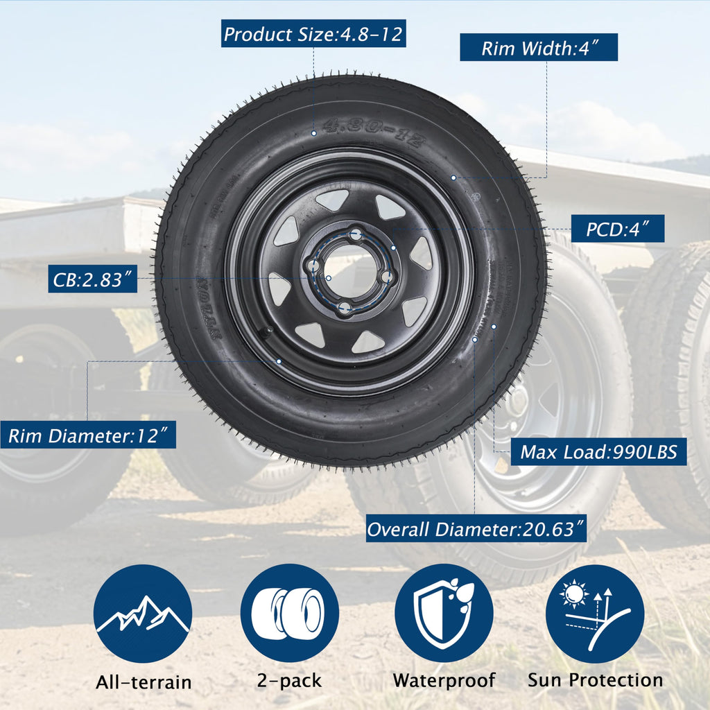 Garvee 4.80-12 Trailer Tires with 8 in White Rims,  4.80x12 480-12 4.8-12, Load Range C, 6PR, 4 Lug 4 in Bolt, Bias-Ply Nylon, All-Season, Utility & Cargo Trailers