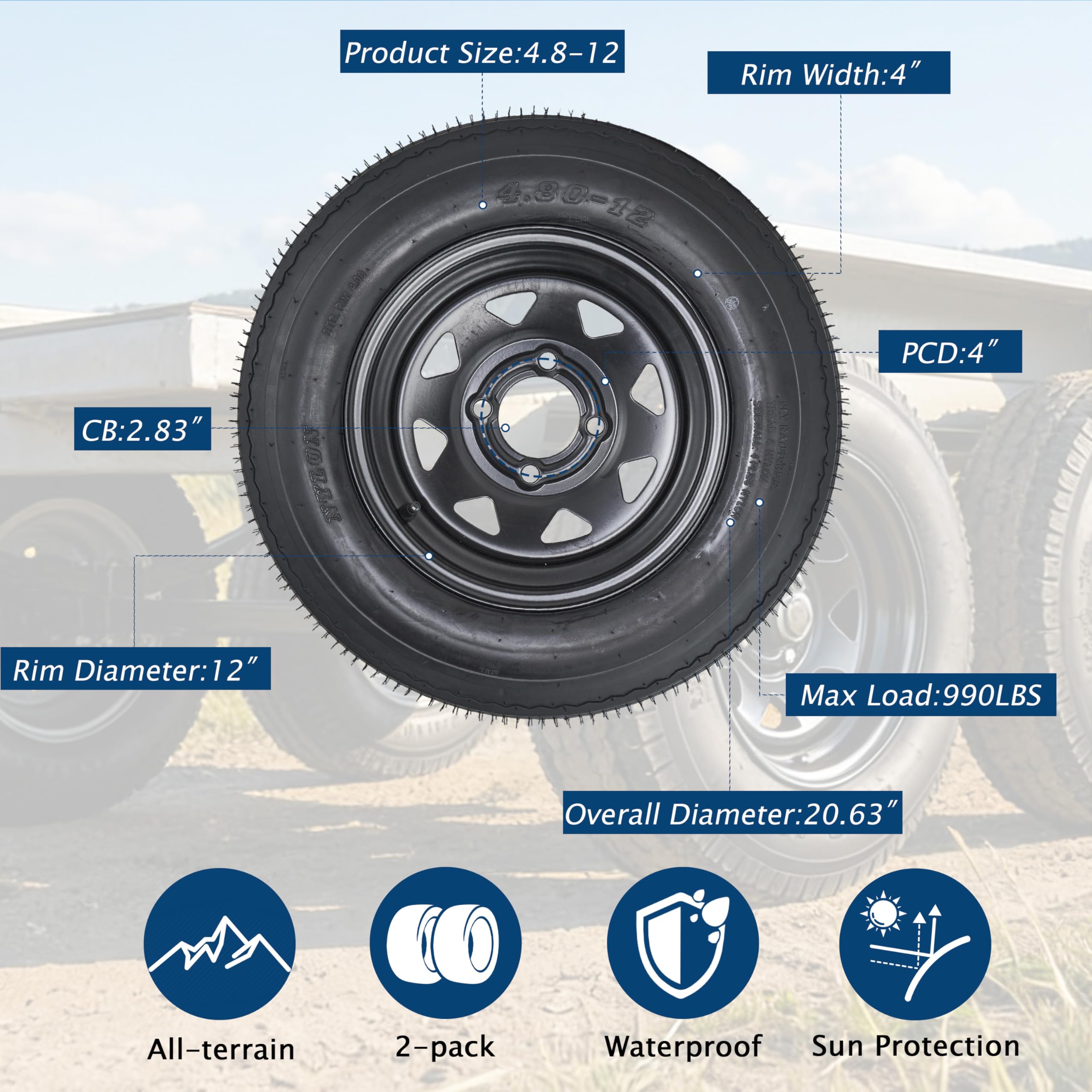 Garvee 4.80-12 Trailer Tires with 8 in White Rims,  4.80x12 480-12 4.8-12, Load Range C, 6PR, 4 Lug 4 in Bolt, Bias-Ply Nylon, All-Season, Utility & Cargo Trailers