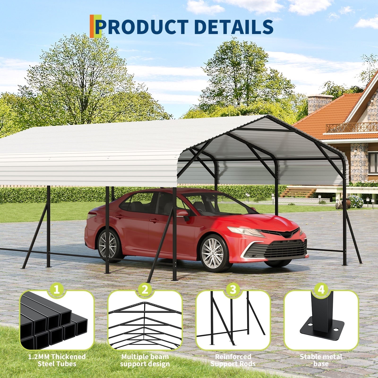Garvee 20x20x9FT Heavy Duty Metal Carport with Galvanized Steel Roof, Oversized Outdoor Garage Shelter with Steel Frame, Waterproof & UV-Resistant Carport for Cars, Boats, Trucks & Tractors, White