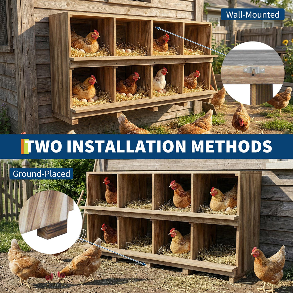 Garvee Chicken Nesting Box, 8 Compartment Wooden Nesting Boxes for Chickens, Floor Stand/Wall Mount Roosting Boxes with Perches for Chickens, Hens, Ducks, Backyard and Farms