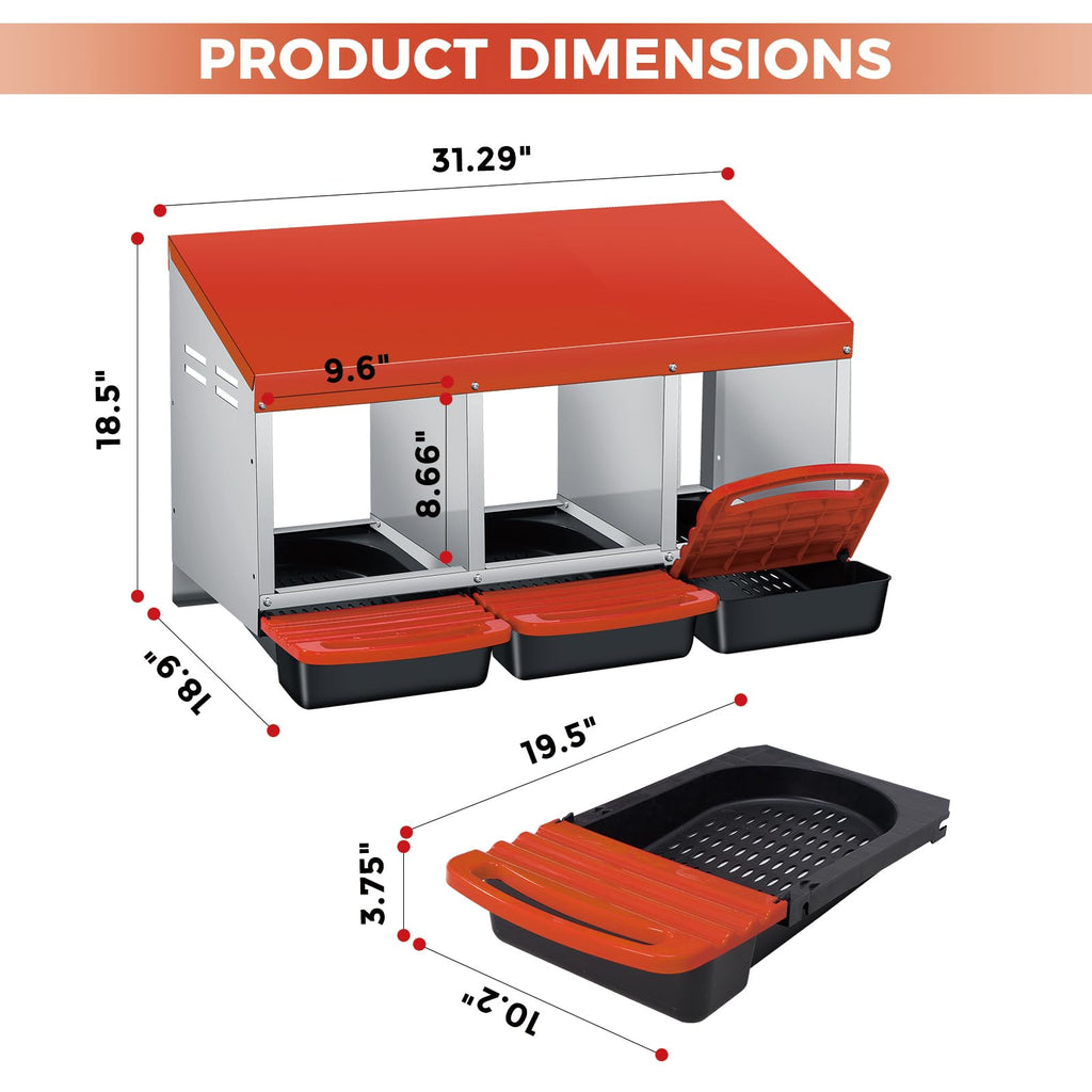 Garvee 3-Compartment Galvanized Steel Chicken Nesting Box – Roll-Away Tray & Support Stand, Orange