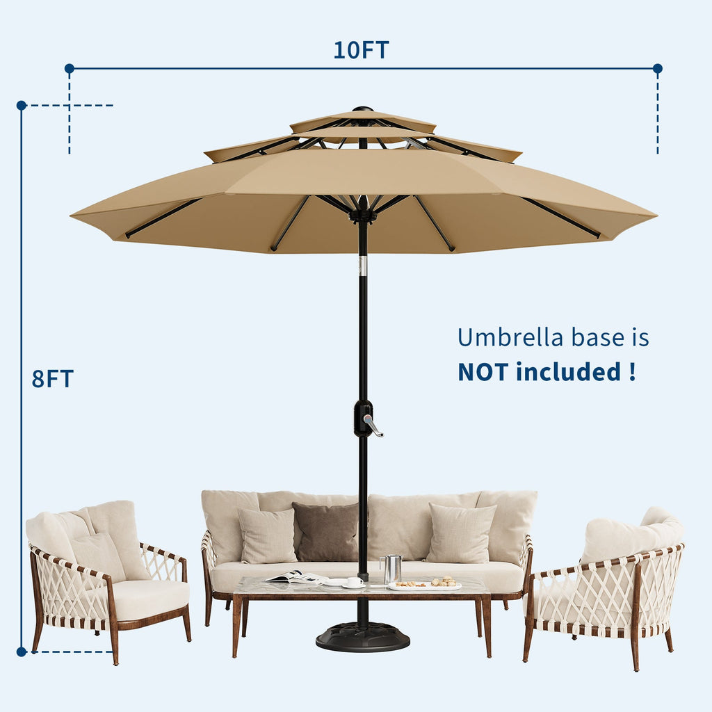 Garvee 10' Outdoor Patio Umbrella, 3-Tier Vented Canopy with Crank Tilt, 8 Ribs, Tan