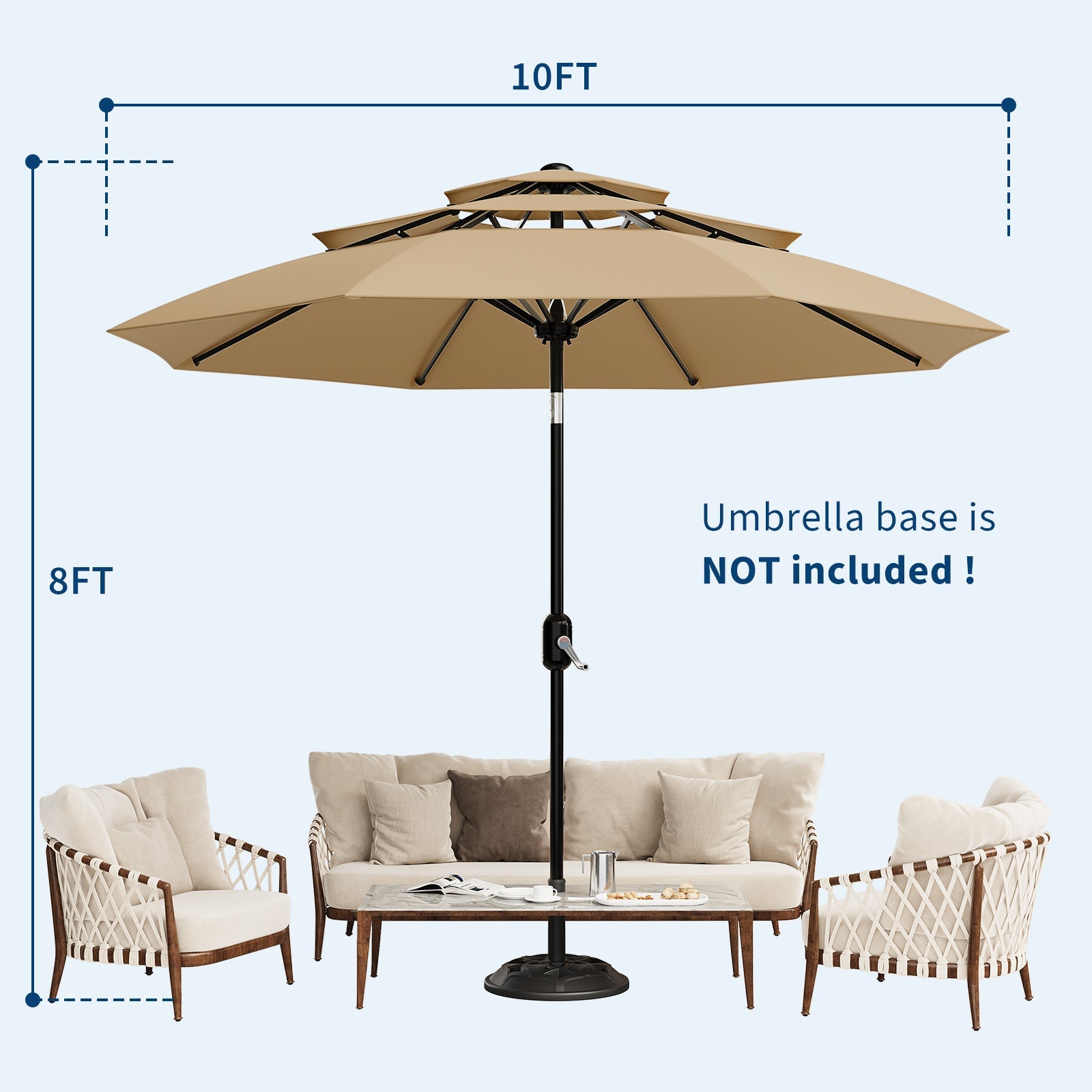 Garvee 10' Outdoor Patio Umbrella, 3-Tier Vented Canopy with Crank Tilt, 8 Ribs, Tan