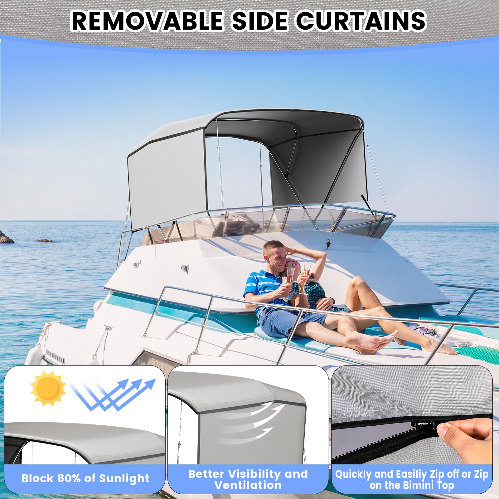 Garvee 3 Bow Bimini Top for Boats – Marine-Grade 600D Waterproof Polyester Canopy with Adjustable Aluminum Frame, Removable Mesh Side Curtains, Sun Shade Protection, Rear Support Poles, Straps, Storage Bag – Grey – Size: 6'×67-72"×46" – 4-Wind Rope,