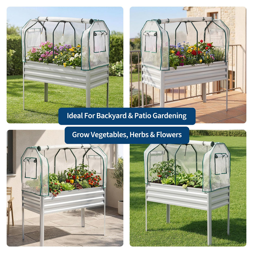 Garvee Elevated Raised Garden Bed, 48 x 24 x 56-Inch Galvanized Metal Planter with Greenhouse Cover, Bird Net and 4 Plant Signs for Patio Gardening, Silver