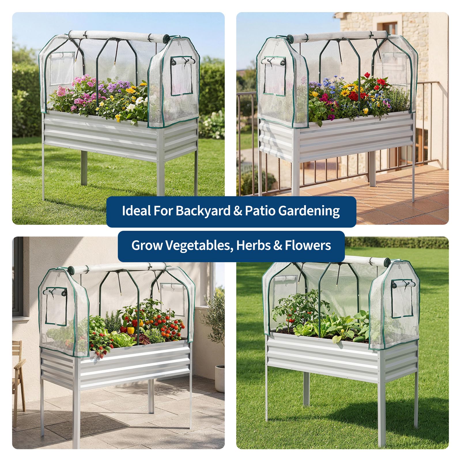 Garvee Elevated Raised Garden Bed, 48 x 24 x 56-Inch Galvanized Metal Planter with Greenhouse Cover, Bird Net and 4 Plant Signs for Patio Gardening, Silver