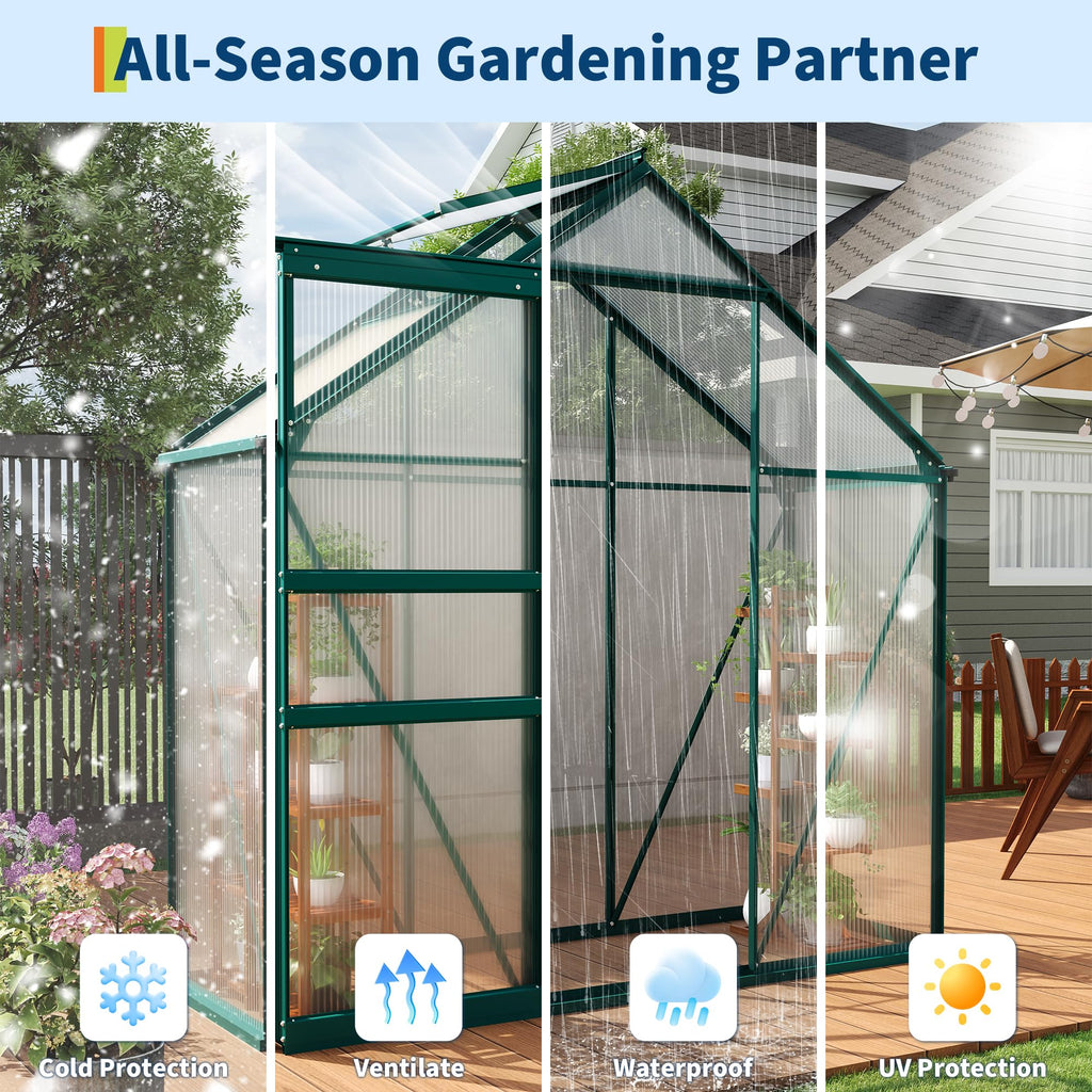 Garvee 6 × 3 FT Polycarbonate Greenhouse, 4 mm Double-Wall Panels, 99% UV Protection, Aluminum Walk-In Greenhouse with Roof Vent, Sliding Door and Rain Gutters, Green
