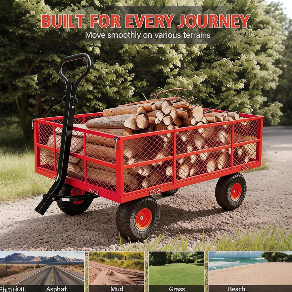 Garvee Steel Garden Cart for Lawn and Farm Use, 1200 lbs Capacity with 13-Inch Tires, Removable Sides and 2-in-1 Handle, Red