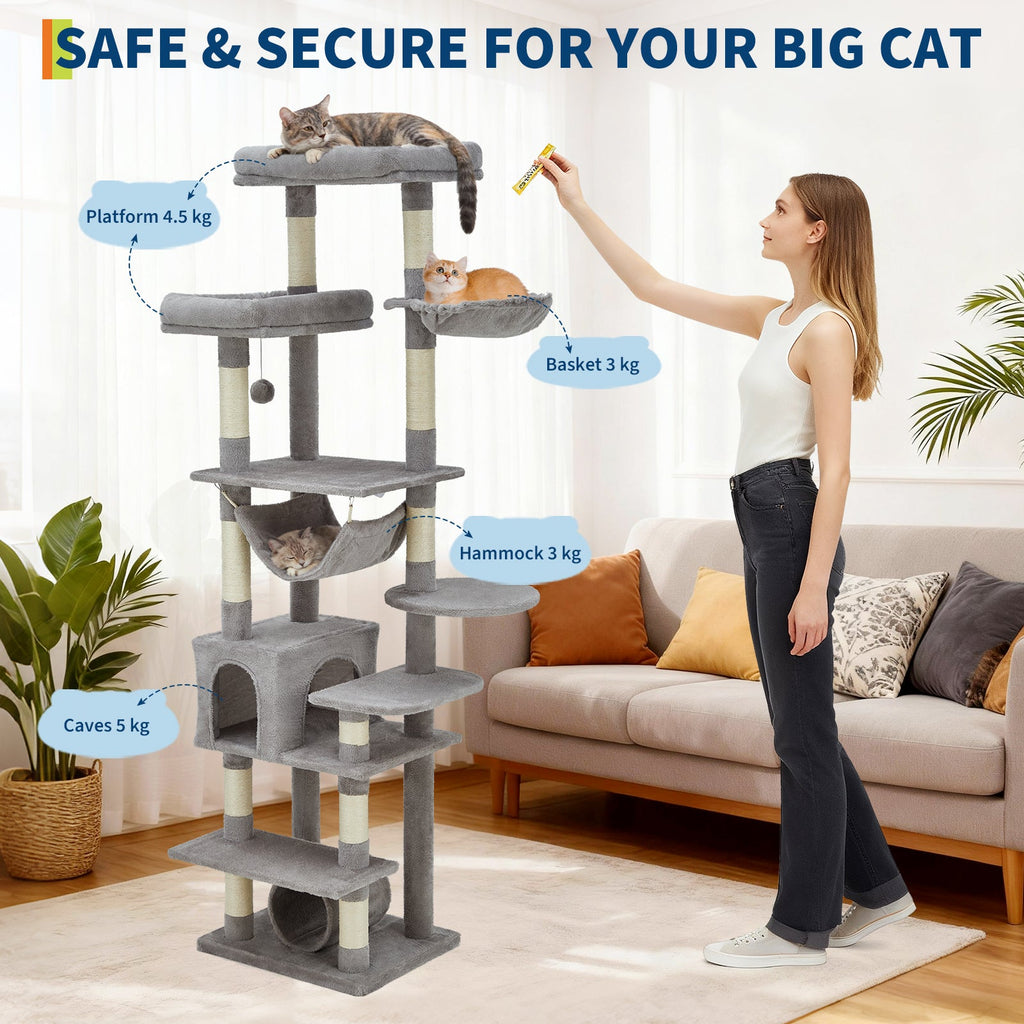 Garvee Multi-Level Cat Tree with Condo, 74" Tall Cat Tower with 11 Scratching Posts, Hammock, Tunnel, Large Top Perches & Anti-tip Kit, Indoor Cat Furniture for Large Cats, Light Gray