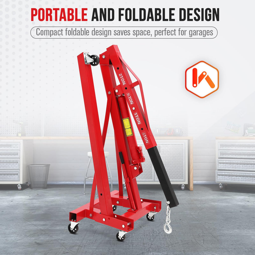 Garvee 2-Ton Hydraulic Folding Engine Hoist with Leveler, Telescopic Boom, Steel Frame, 6 Swivel Casters, Foldable for Garage Workshop, Red