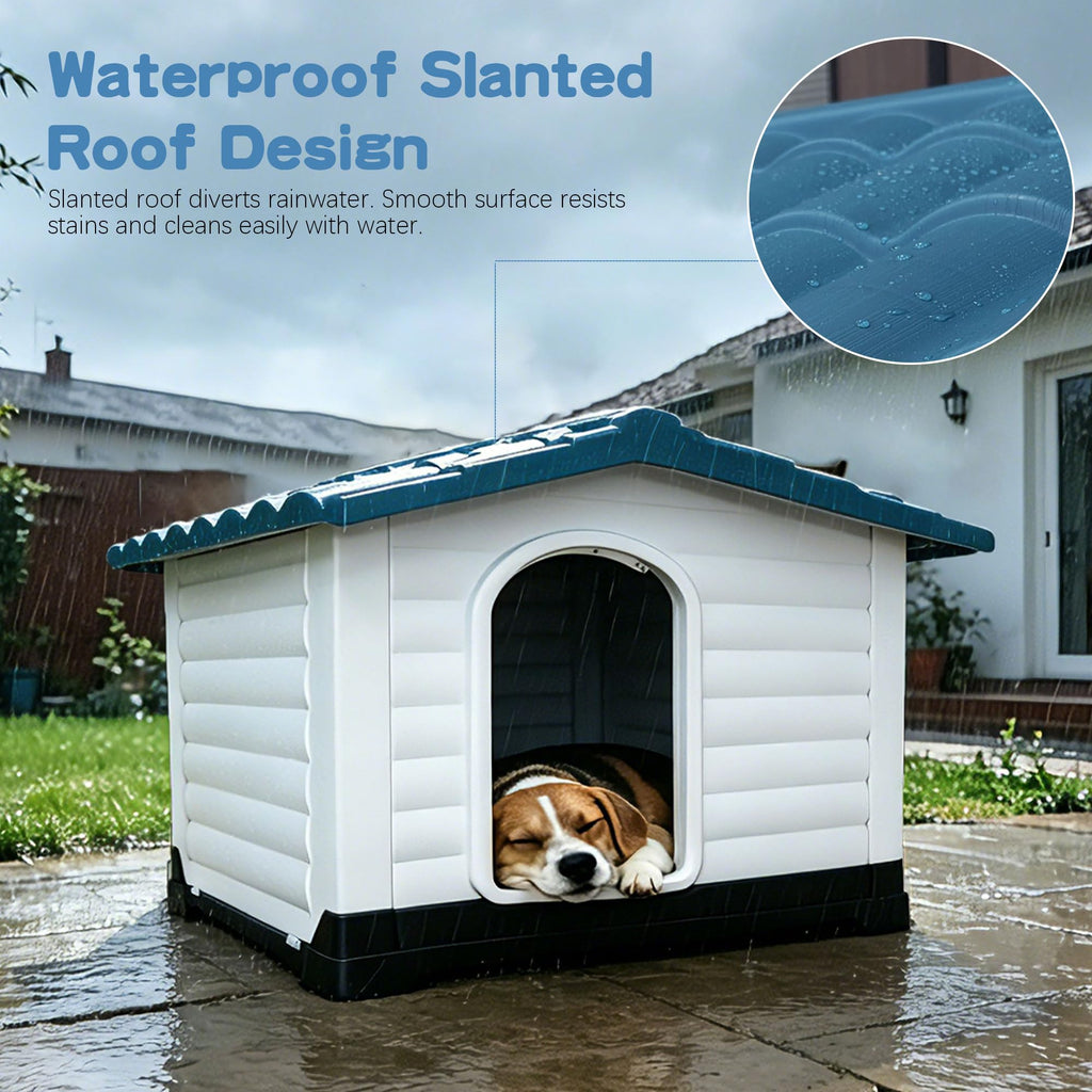 Garvee 2-Door Small Dog House for Indoor and Outdoor Dog House with Fold-Out Porch Elevated Base, Waterproof Pet House for Small and Medium Dogs, Easy Assembly, Blue (31''L x 21''W x 26''H)