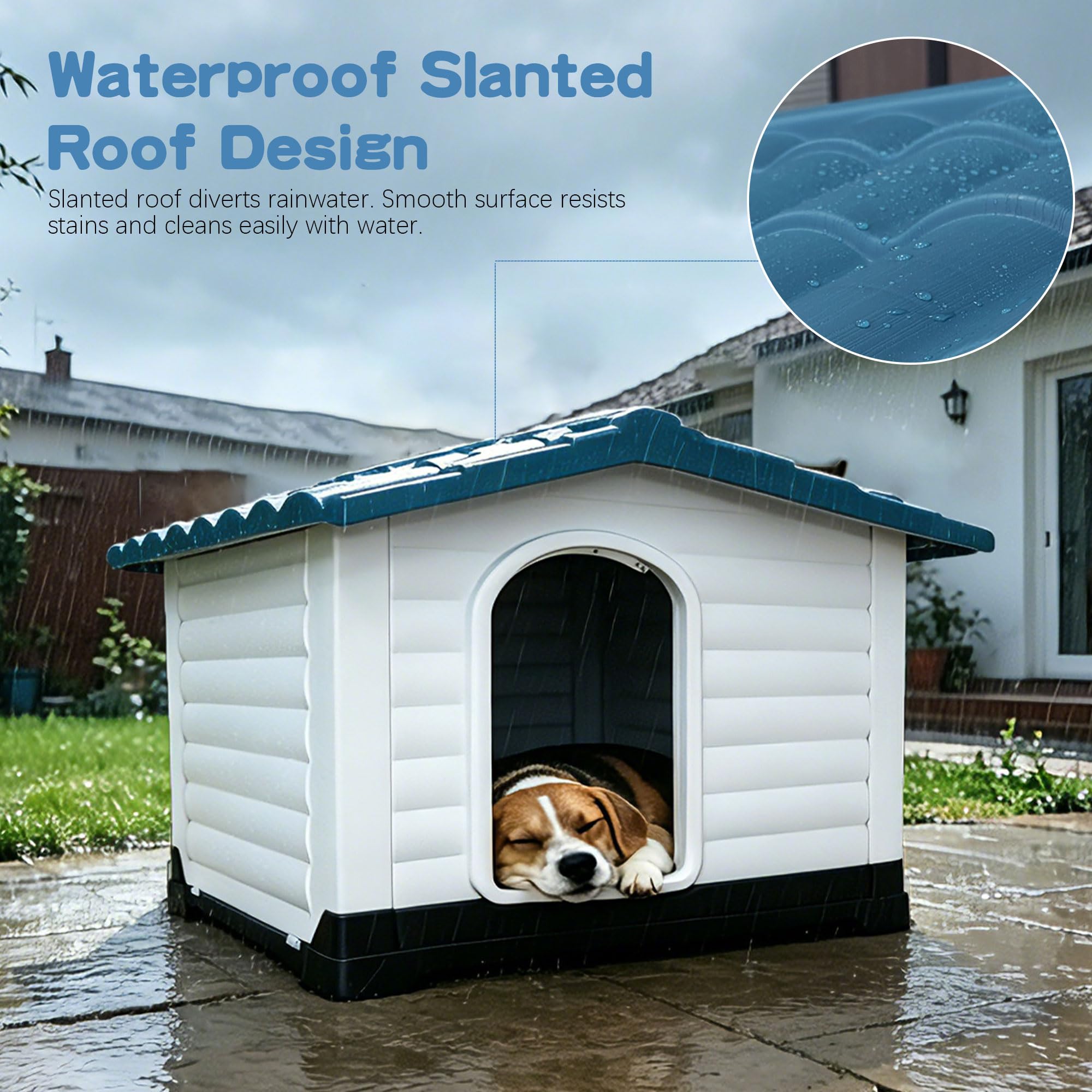 Garvee 2-Door Small Dog House for Indoor and Outdoor Dog House with Fold-Out Porch Elevated Base, Waterproof Pet House for Small and Medium Dogs, Easy Assembly, Blue (31''L x 21''W x 26''H)