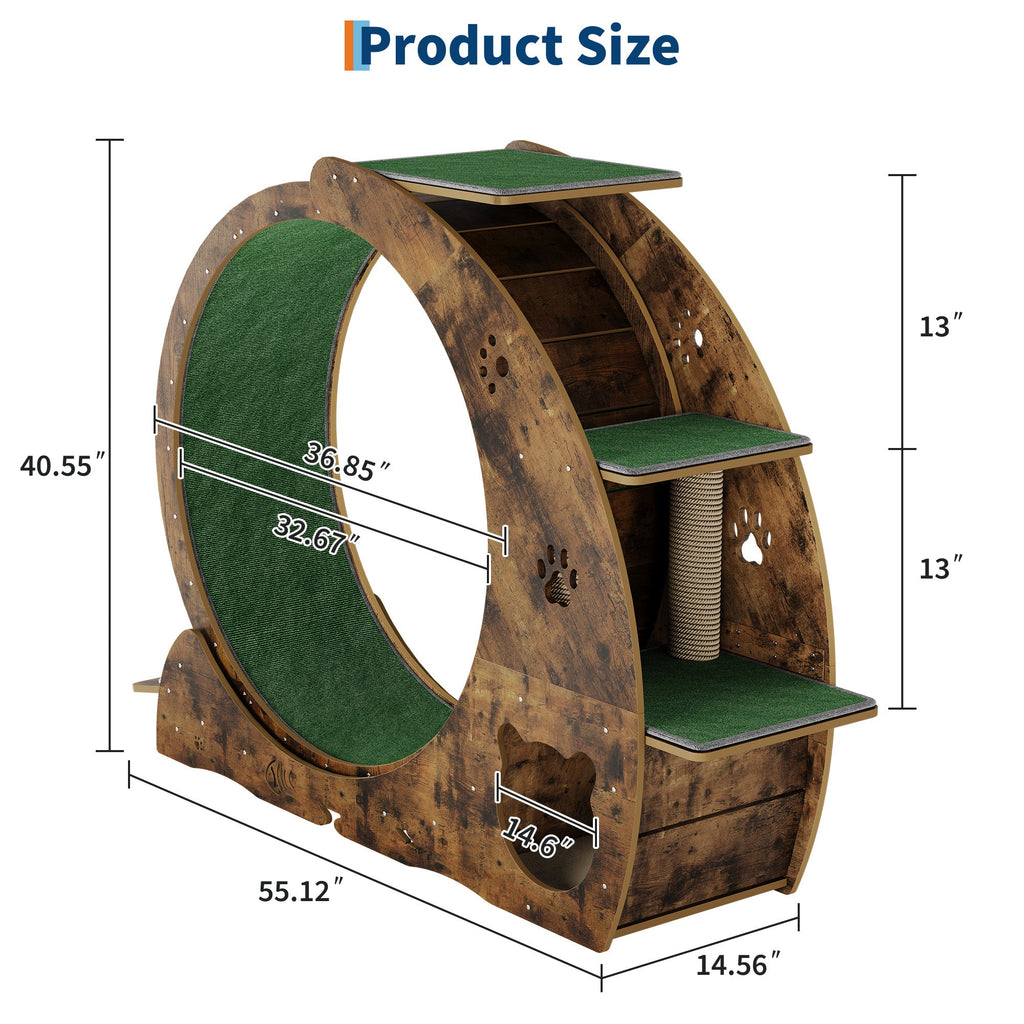 Garvee Large Cat Exercise Wheel for Indoor Cats - 3-Tier Climbing Tower with Built-in Graze Post & Carpeted Fashion Show - Quiet Spinner for Training & Obesity Prevention - Vintage Brown