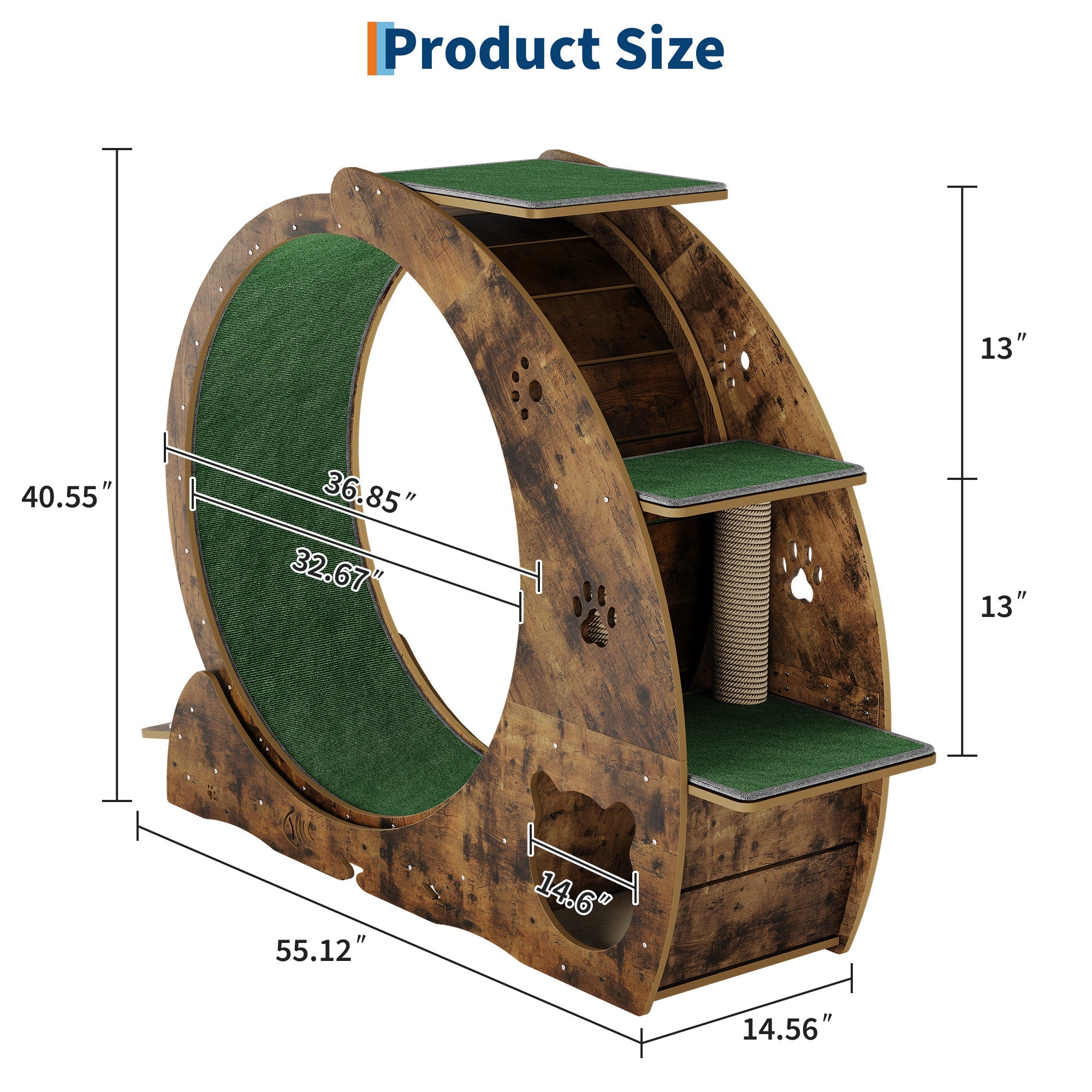 Garvee Large Cat Exercise Wheel for Indoor Cats - 3-Tier Climbing Tower with Built-in Graze Post & Carpeted Fashion Show - Quiet Spinner for Training & Obesity Prevention - Vintage Brown