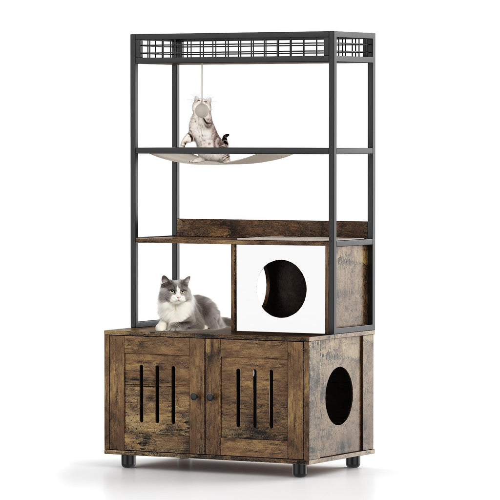 Garvee Modern Hidden Cat Litter Box Enclosure with Storage Rack, Indoor Enclosed Cat Furniture, Hammock, Sisal Balls, Scratching Mat, Multi-Level Private Cat House, Gray