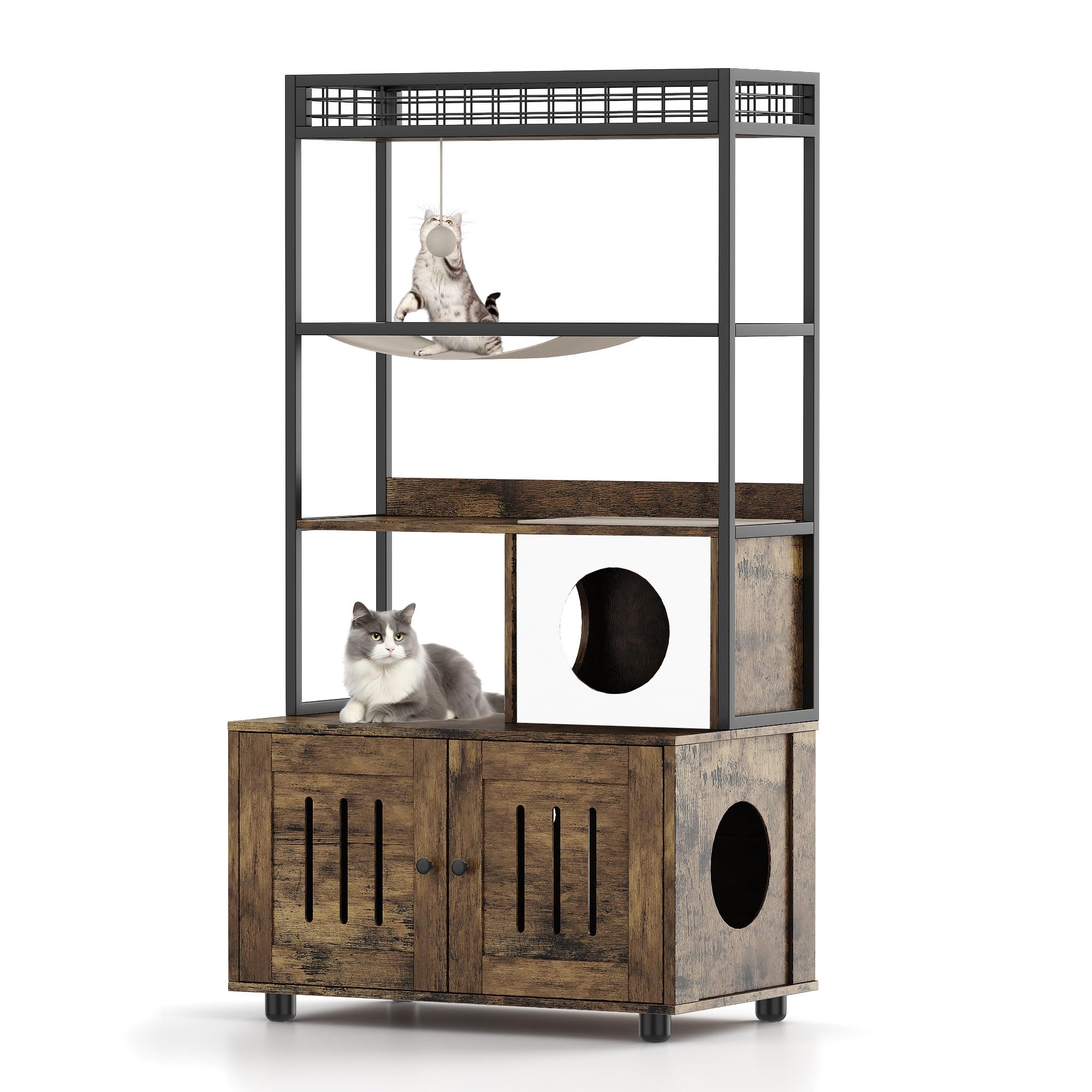 Garvee Modern Hidden Cat Litter Box Enclosure with Storage Rack, Indoor Enclosed Cat Furniture, Hammock, Sisal Balls, Scratching Mat, Multi-Level Private Cat House, Gray