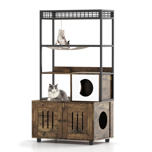 Garvee Modern Hidden Cat Litter Box Enclosure with Storage Rack, Indoor Enclosed Cat Furniture, Hammock, Sisal Balls, Scratching Mat, Multi-Level Private Cat House, Gray