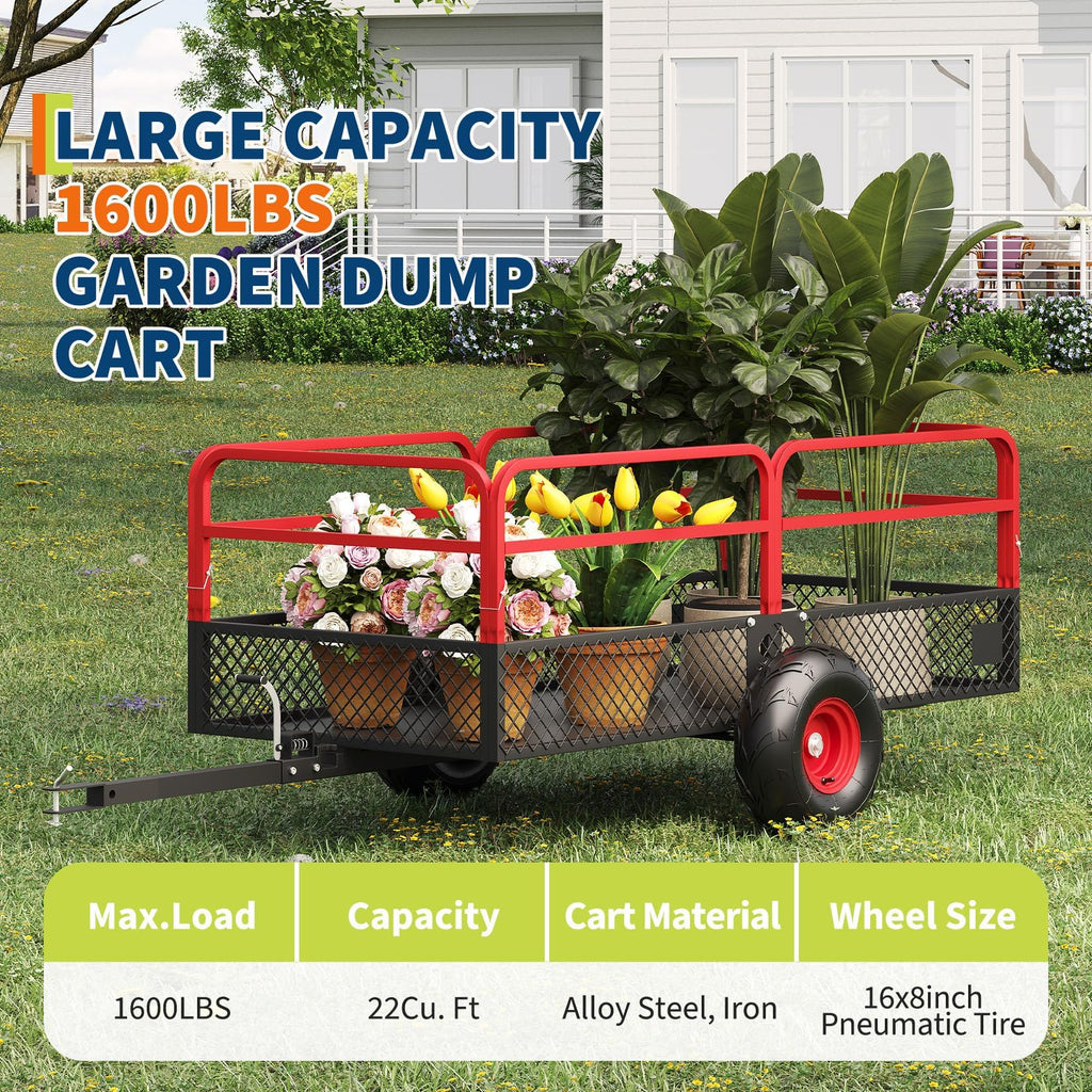 Garvee Tow Behind Dump Cart, 1600 lbs 22 Cu Ft Heavy Duty Steel ATV UTV Garden Trailer with Removable Sides, 45° Quick Dump & 16 in All-Terrain Tires for Lawn Mower, Tractor & Yard Work
