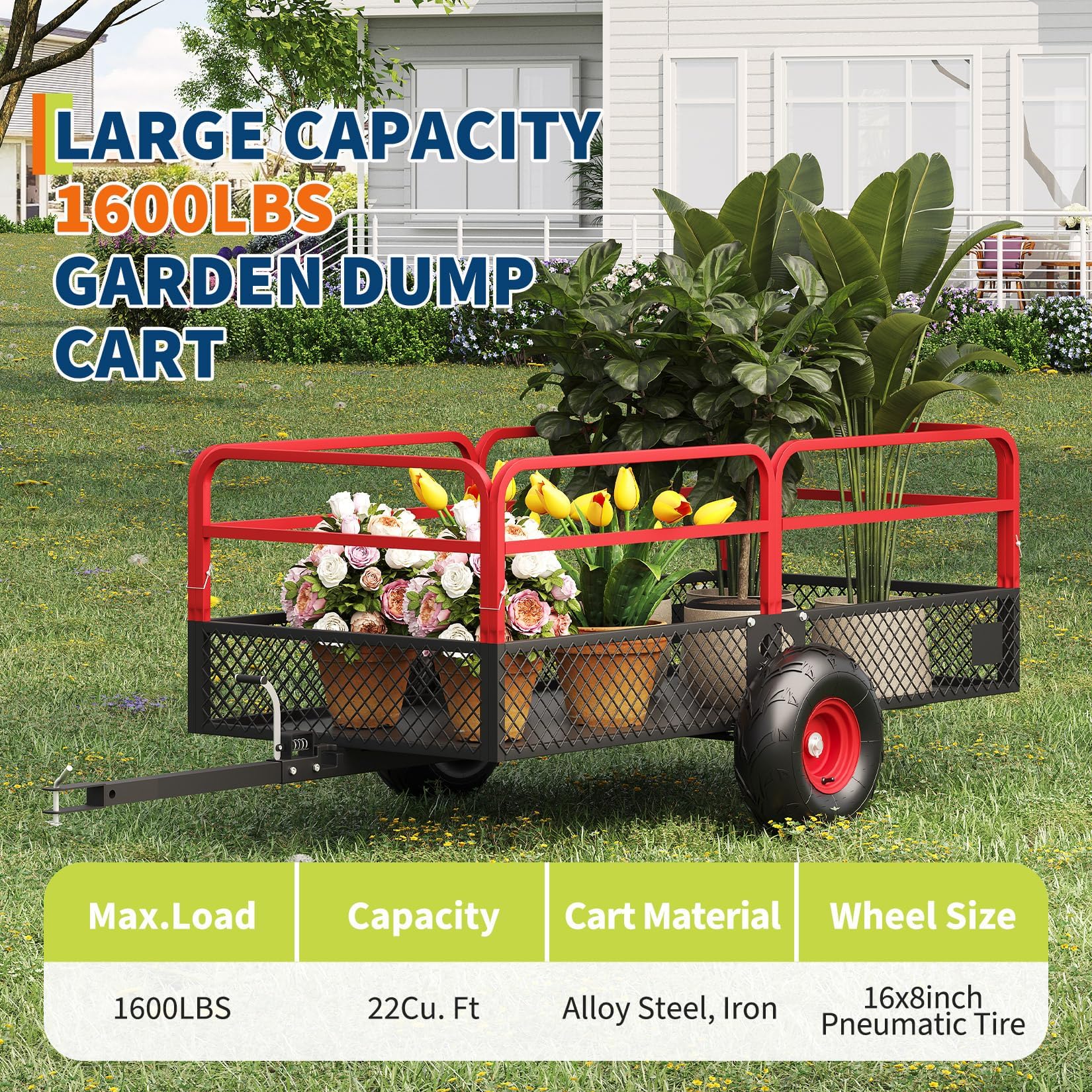 Garvee Tow Behind Dump Cart, 1600 lbs 22 Cu Ft Heavy Duty Steel ATV UTV Garden Trailer with Removable Sides, 45° Quick Dump & 16 in All-Terrain Tires for Lawn Mower, Tractor & Yard Work