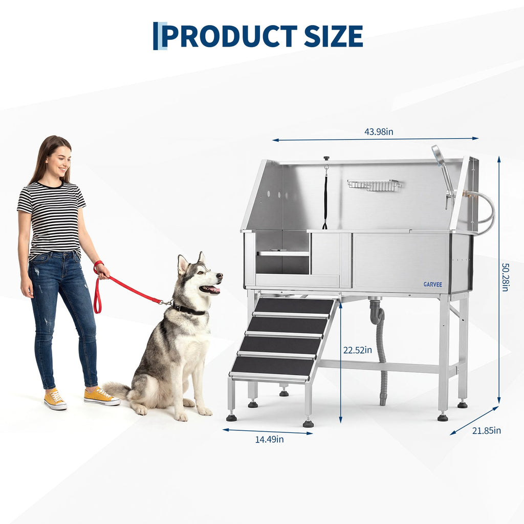 Garvee 46 Inch Stainless Steel Dog Washing Station with Walk-in Ramp, Heavy Duty Pet Grooming Bathtub, Brushed Finish, Left Door Options
