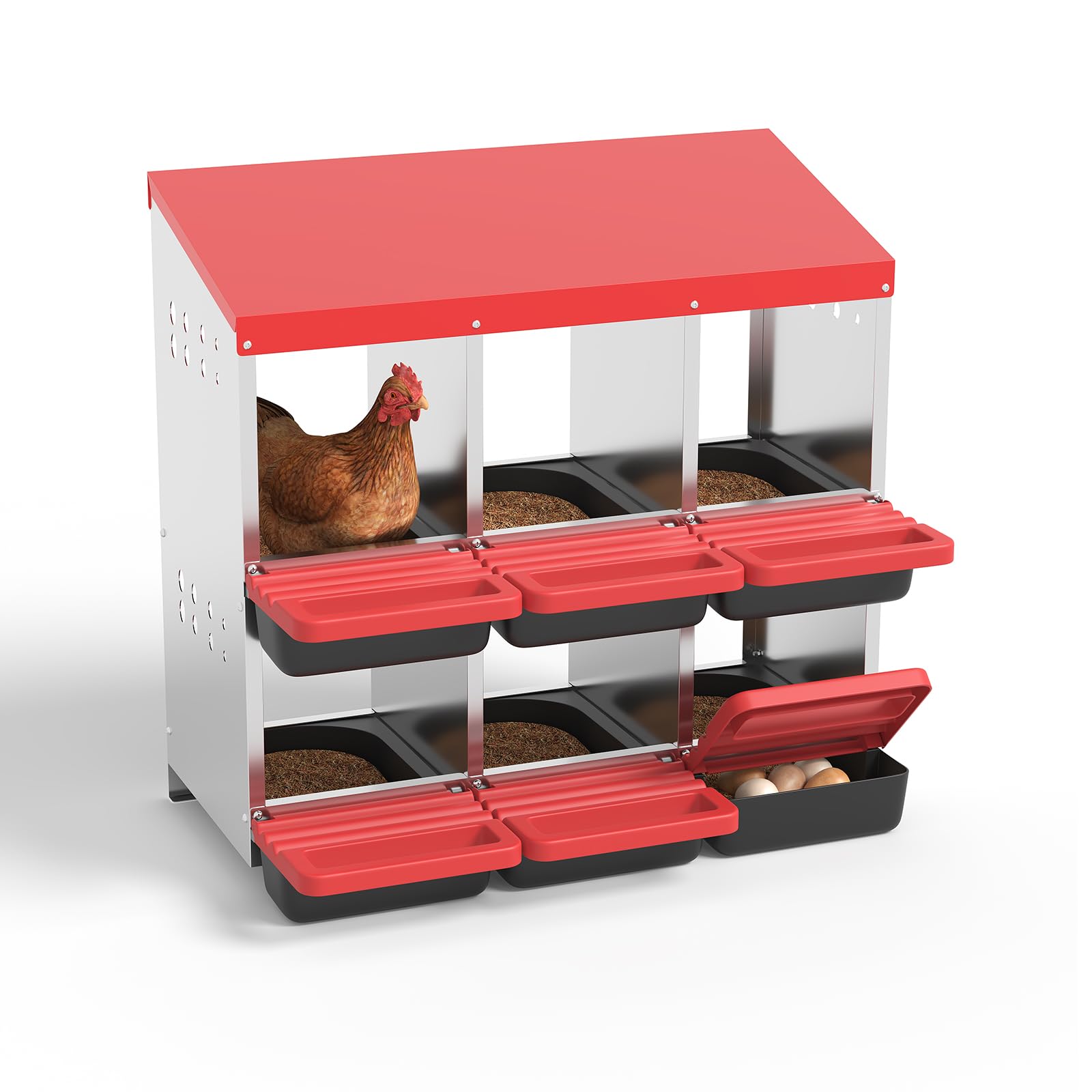 Garvee 6-Hole Metal Chicken Nesting Box, Roll Away Poultry Laying Box with Sloped Anti-Perch Roof, 31.9"x20.5"x31.1", Red