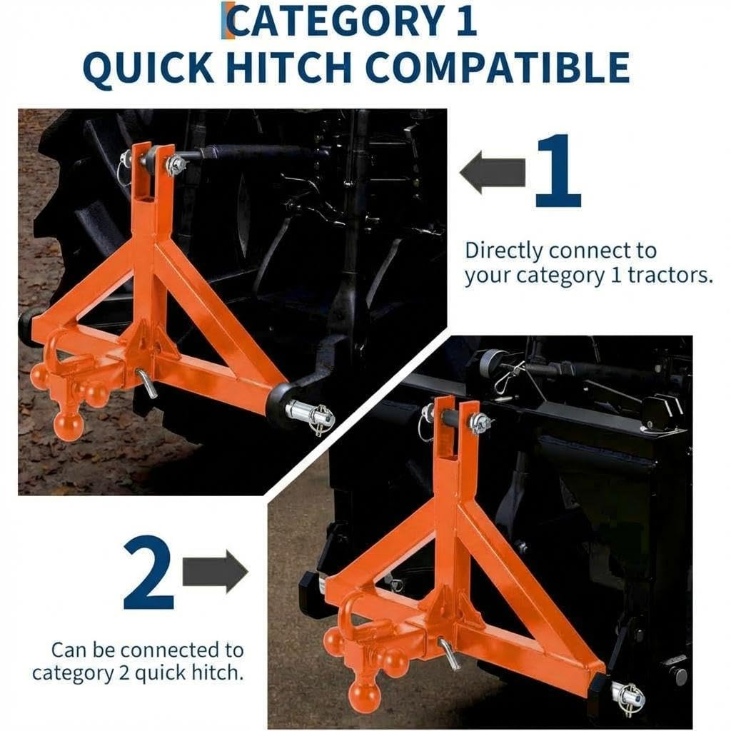 Garvee 3 Point Trailer Hitch 2" Receiver and Towing Ball Hitch with Hook Heavy Duty Cat.1 Tractor Drawbar 3Pt Quick Hitch Attachment for Kubota, Category 1 Subcompact Tractor Farm Equipment