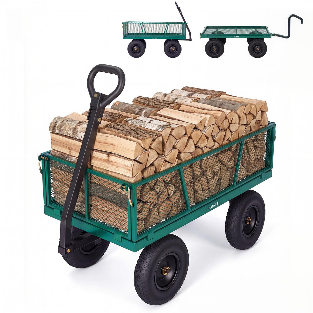 Garvee 1200 lb Heavy-Duty Steel Garden Cart, All-Terrain Utility Wagon with 13" Pneumatic Tires, Removable Mesh Sides, 180° Rotating Handle & Flatbed Design for Lawn, Yard, Farm, Landscaping, Green