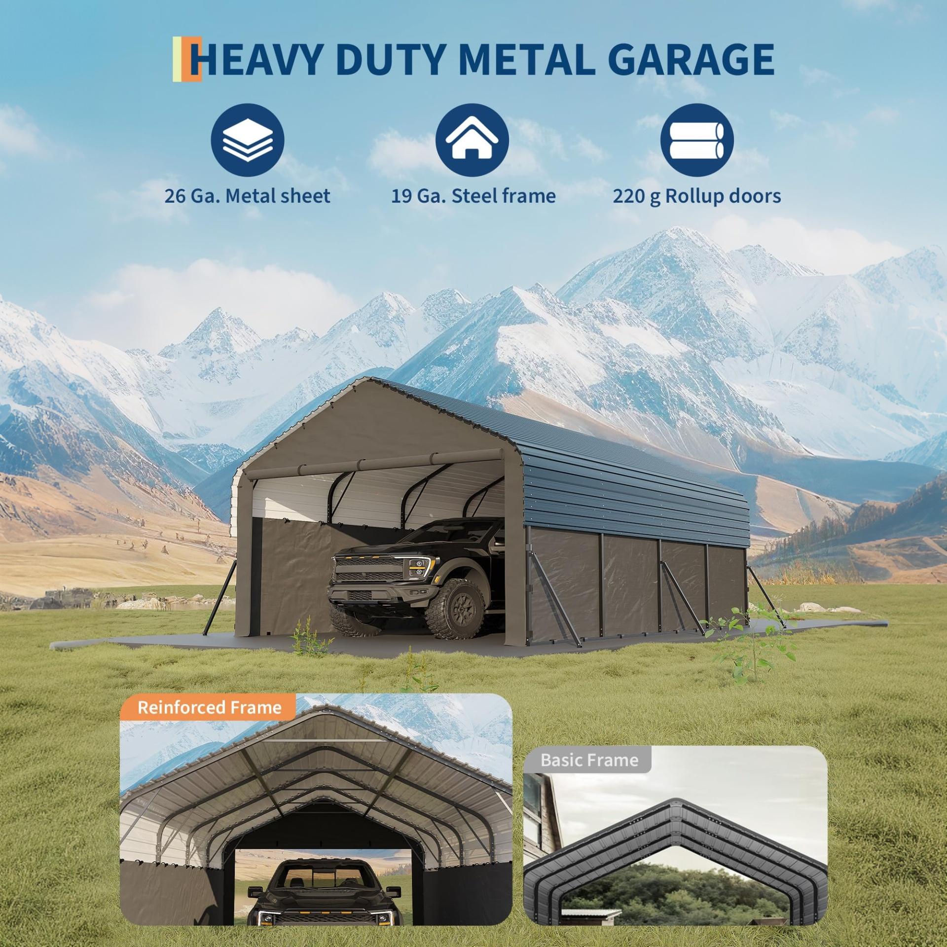 Garvee Heavy Duty 12x20 ft Enclosed Metal Carport – All-Weather Steel Shelter, Waterproof 220g Tarp, Gable End Doors & Sidewalls – Storage for Full-Size Trucks, Boats, Tractors – Single Box, Under 50KG