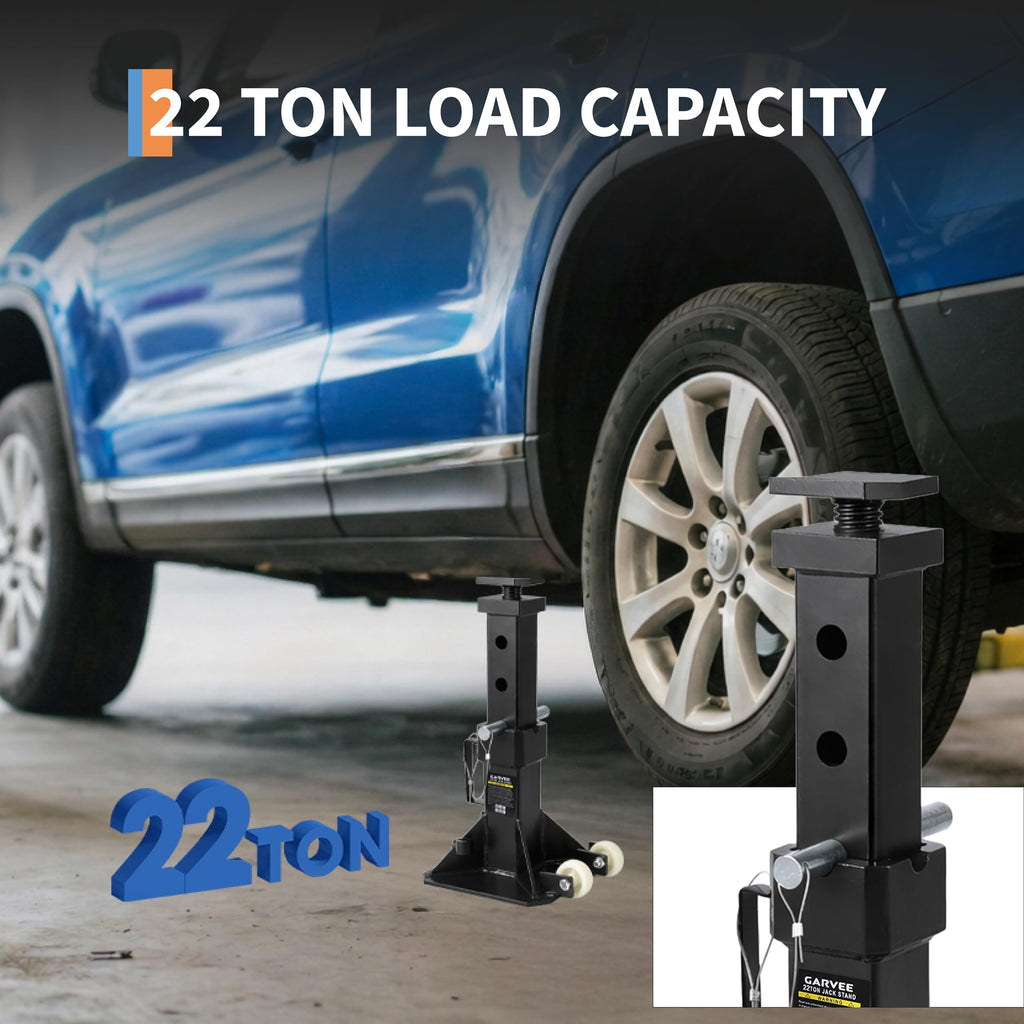 Garvee 22 Ton Jack Stands, Heavy-Duty Pin-Type Car Jack Stands with Lock, 2 Caster Wheels, Wide Base Safety Design, Adjustable Height (13.8"-19.7") for Trucks, Trailers, and Equipment, Black
