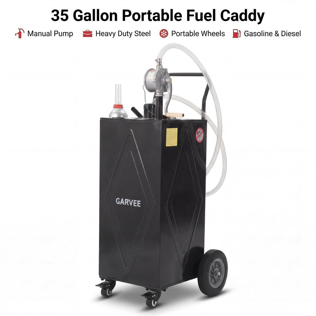 Garvee 35 Gallon Heavy Duty Portable Fuel Caddy – Manual Rotary Pump, Steel Gasoline & Fuel Transfer Tank, Reinforced 4 All-Terrain Wheels, Mobile Storage for Trucks, Boats, ATVs, Lawn Mowers, Farm Equipment – Reinforced 4-wheel design - Black - Li Junjie