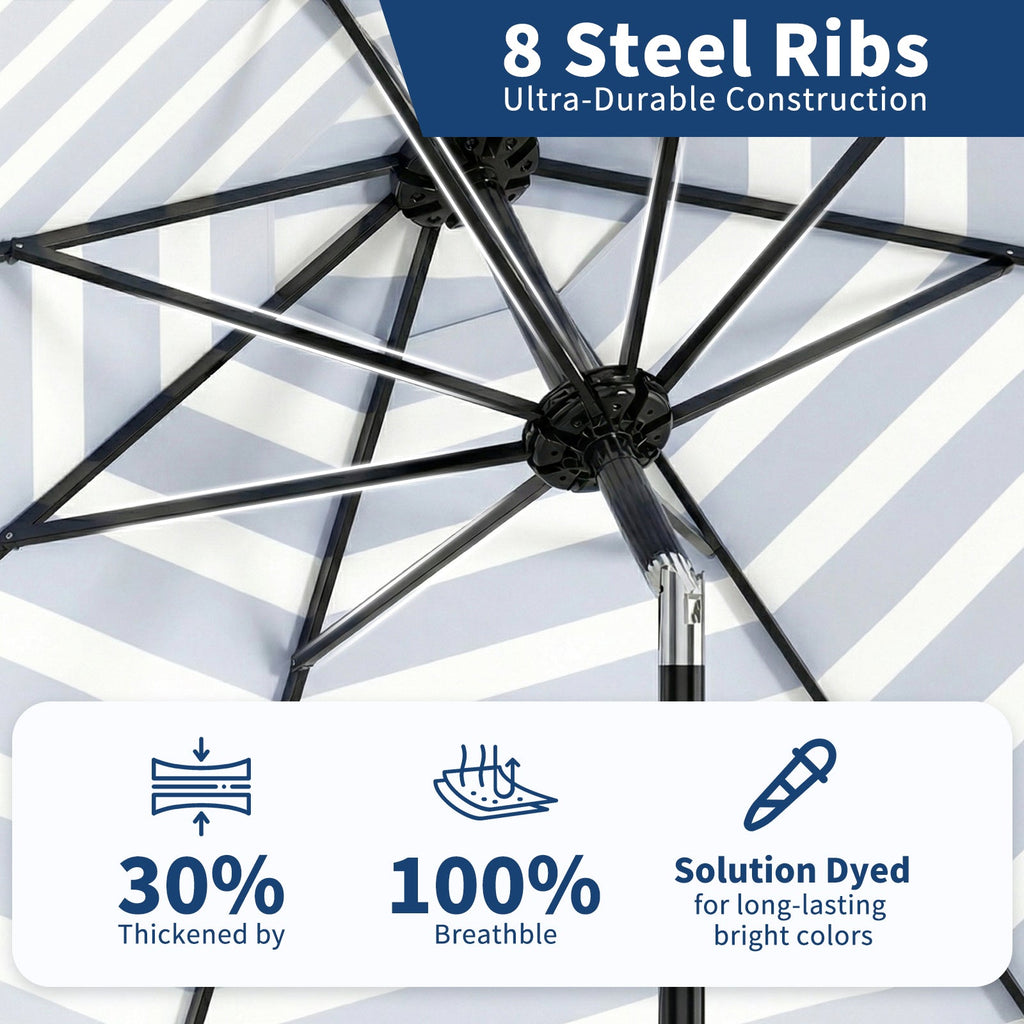 Garvee 9 ft Outdoor Patio Umbrella with 8 Sturdy Ribs, Crank Lift, Push-Button Tilt & UV-Resistant Waterproof Canopy for Pool, Deck, Yard & Garden, Blue & White Stripes
